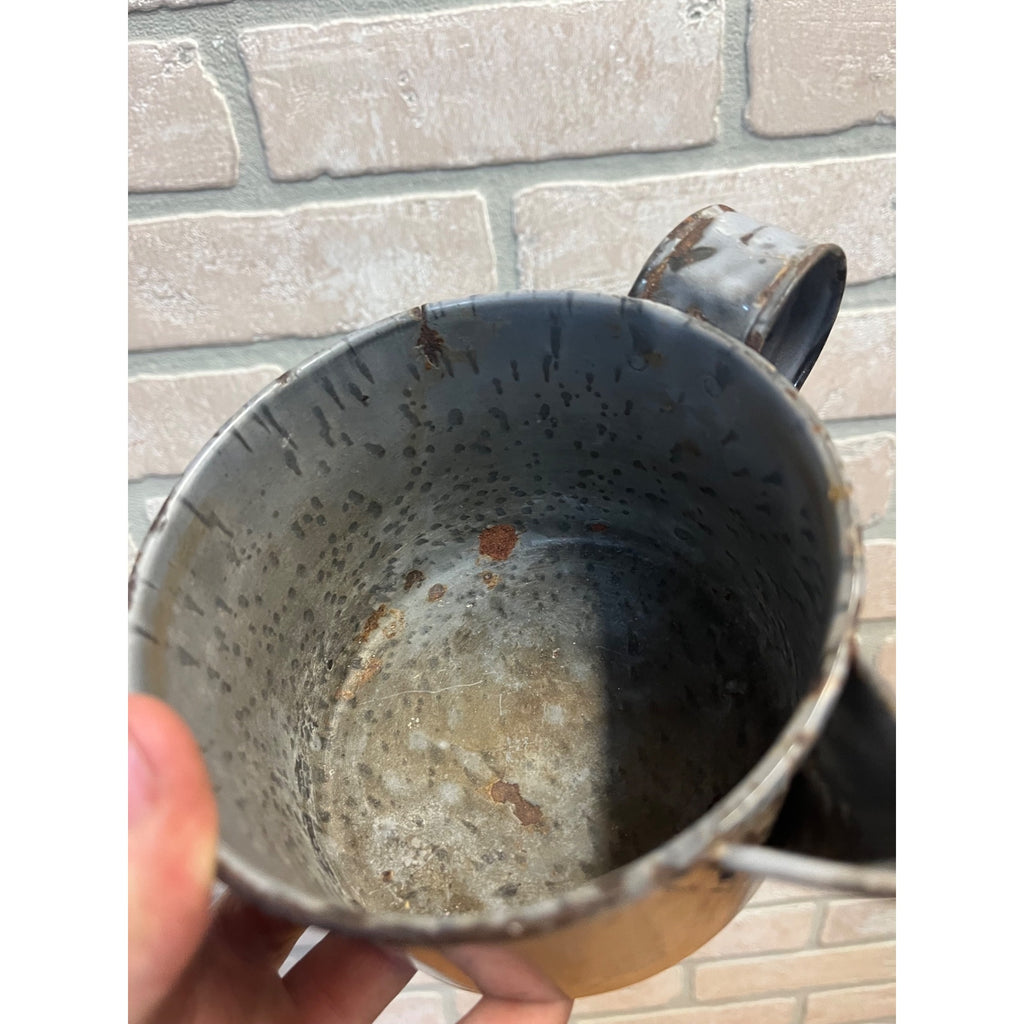 Antique Primitive Gray Enamel Graniteware Strainer Cup Measure w/ Spout Grey Farmhouse Decor
