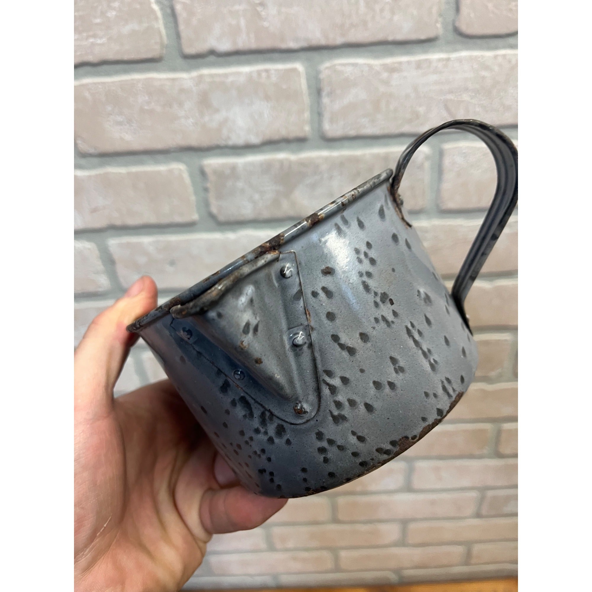 Antique Primitive Gray Enamel Graniteware Strainer Cup Measure w/ Spout Grey Farmhouse Decor