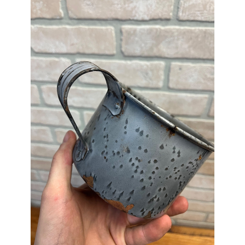 Antique Primitive Gray Enamel Graniteware Strainer Cup Measure w/ Spout Grey Farmhouse Decor