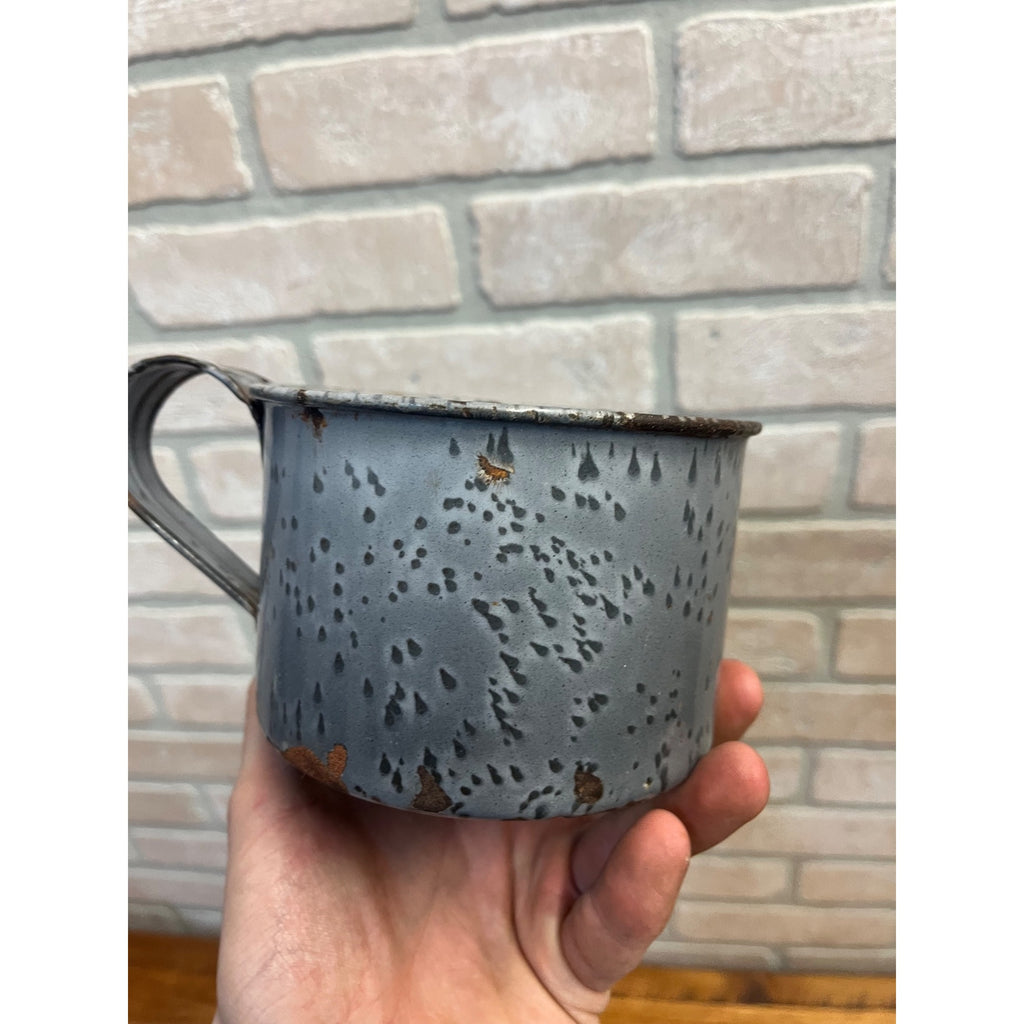 Antique Primitive Gray Enamel Graniteware Strainer Cup Measure w/ Spout Grey Farmhouse Decor