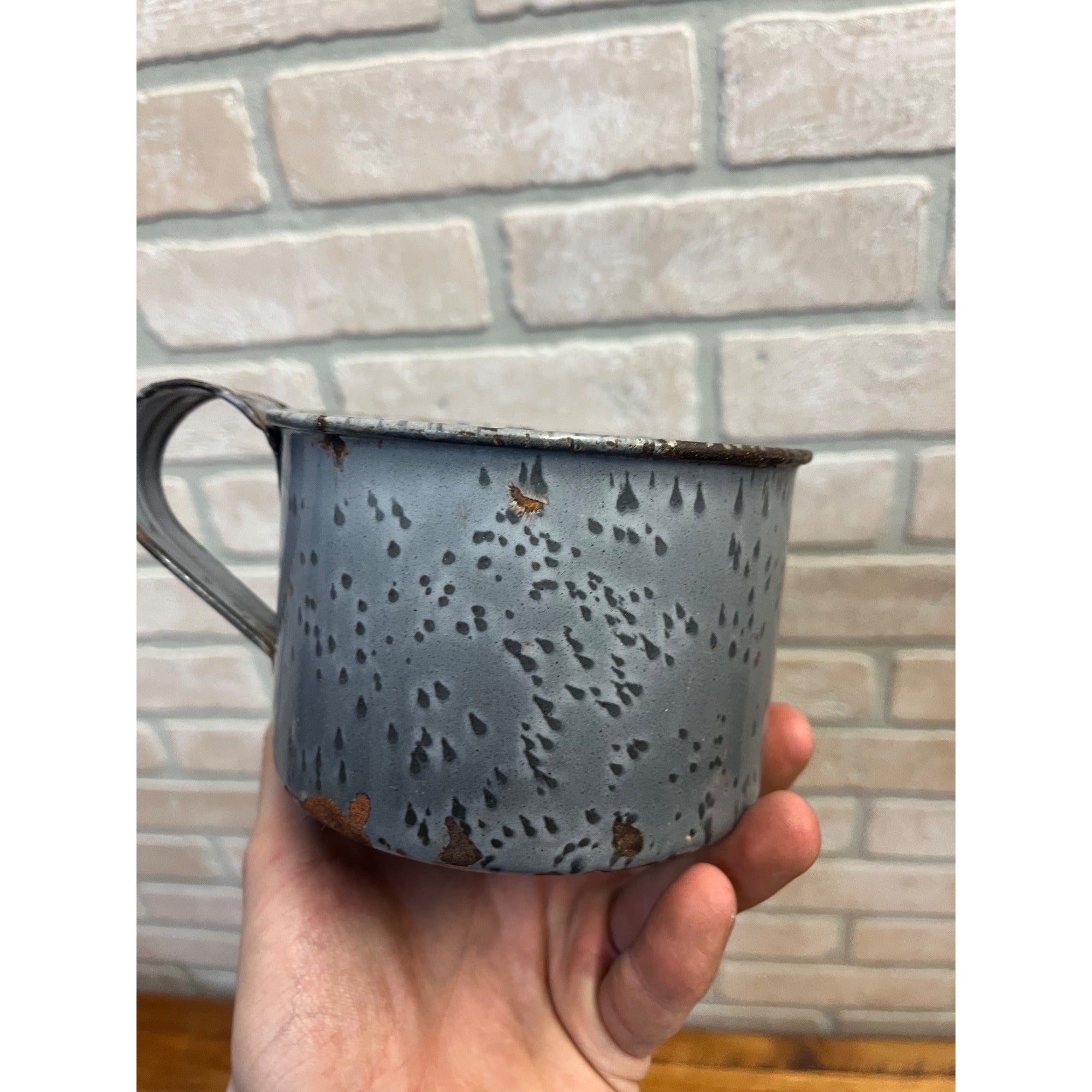 Antique Primitive Gray Enamel Graniteware Strainer Cup Measure w/ Spout Grey Farmhouse Decor