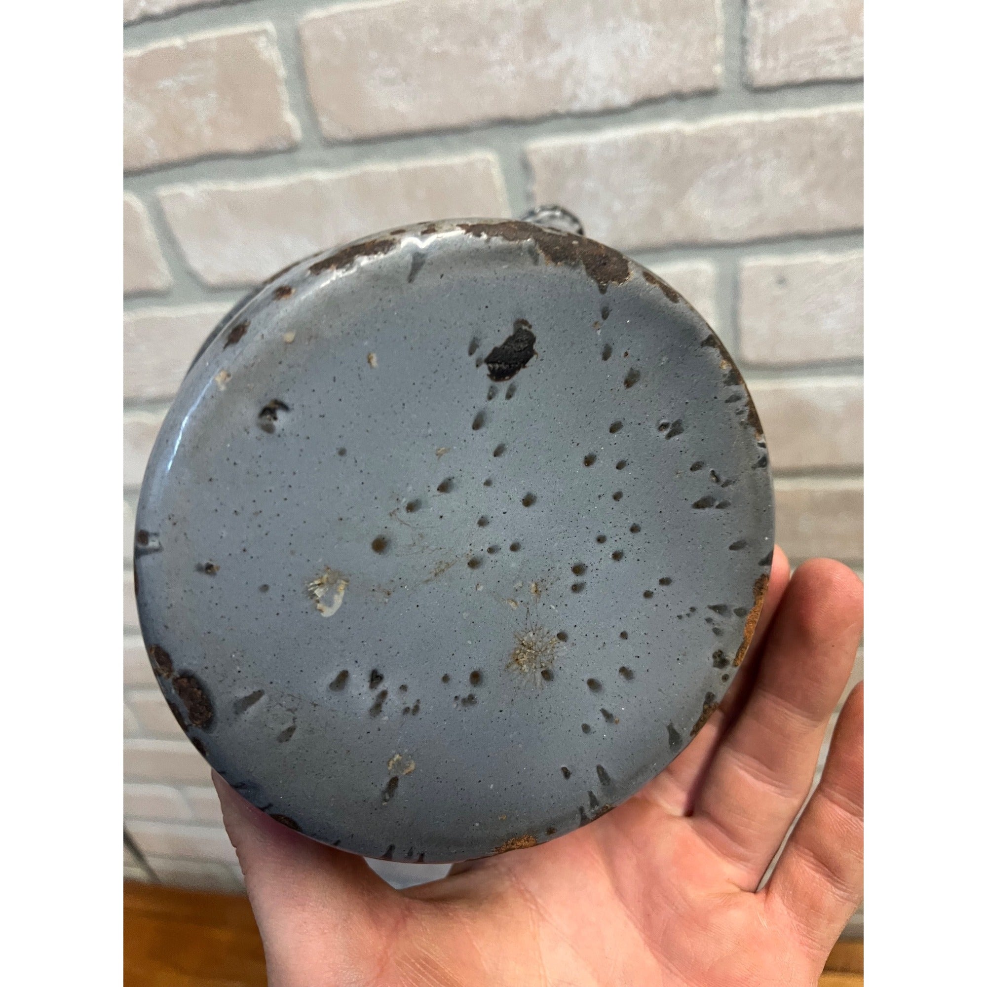 Antique Primitive Gray Enamel Graniteware Strainer Cup Measure w/ Spout Grey Farmhouse Decor