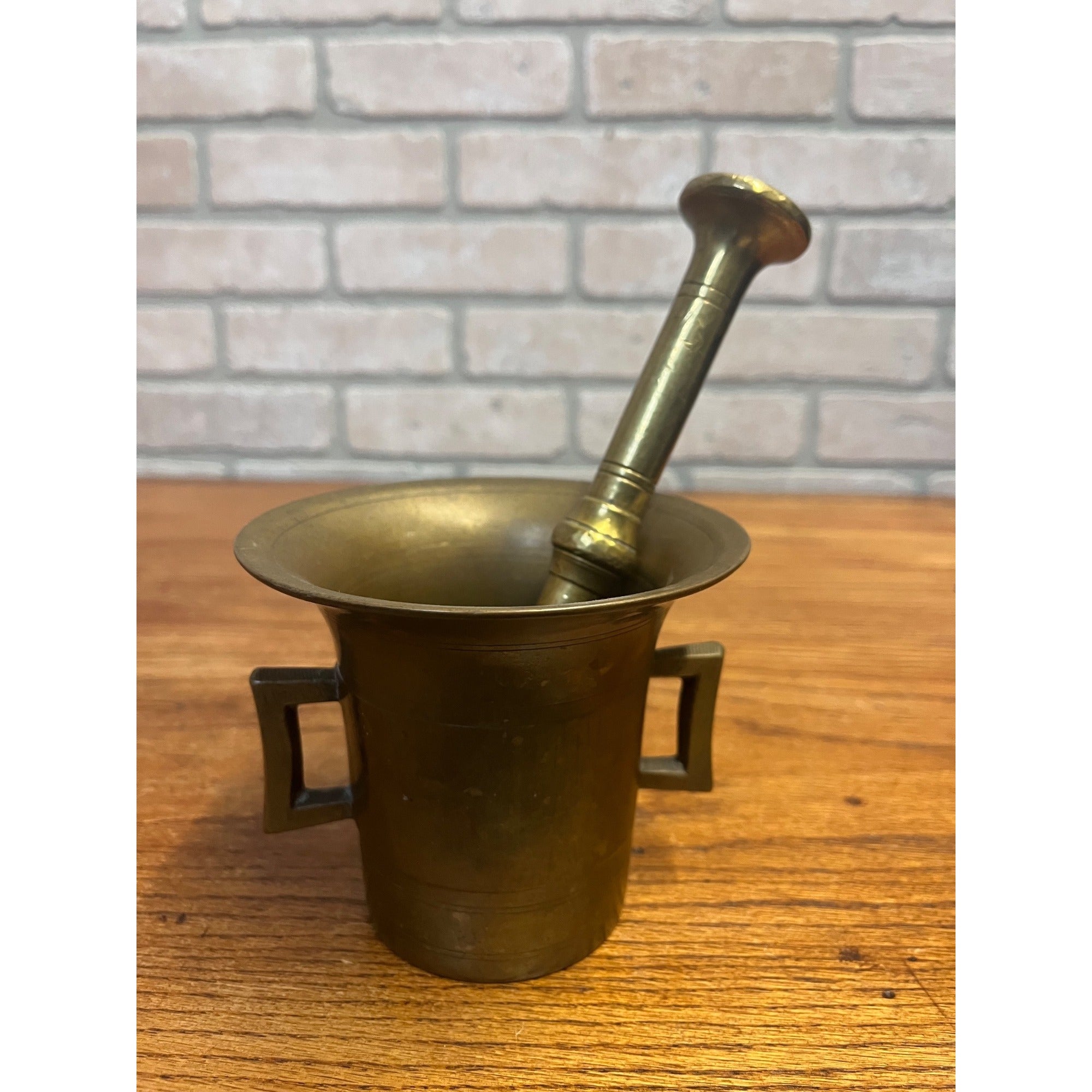 Vintage Large Solid Brass Double-Handled Mortar and Pestle Set Banded Decoration