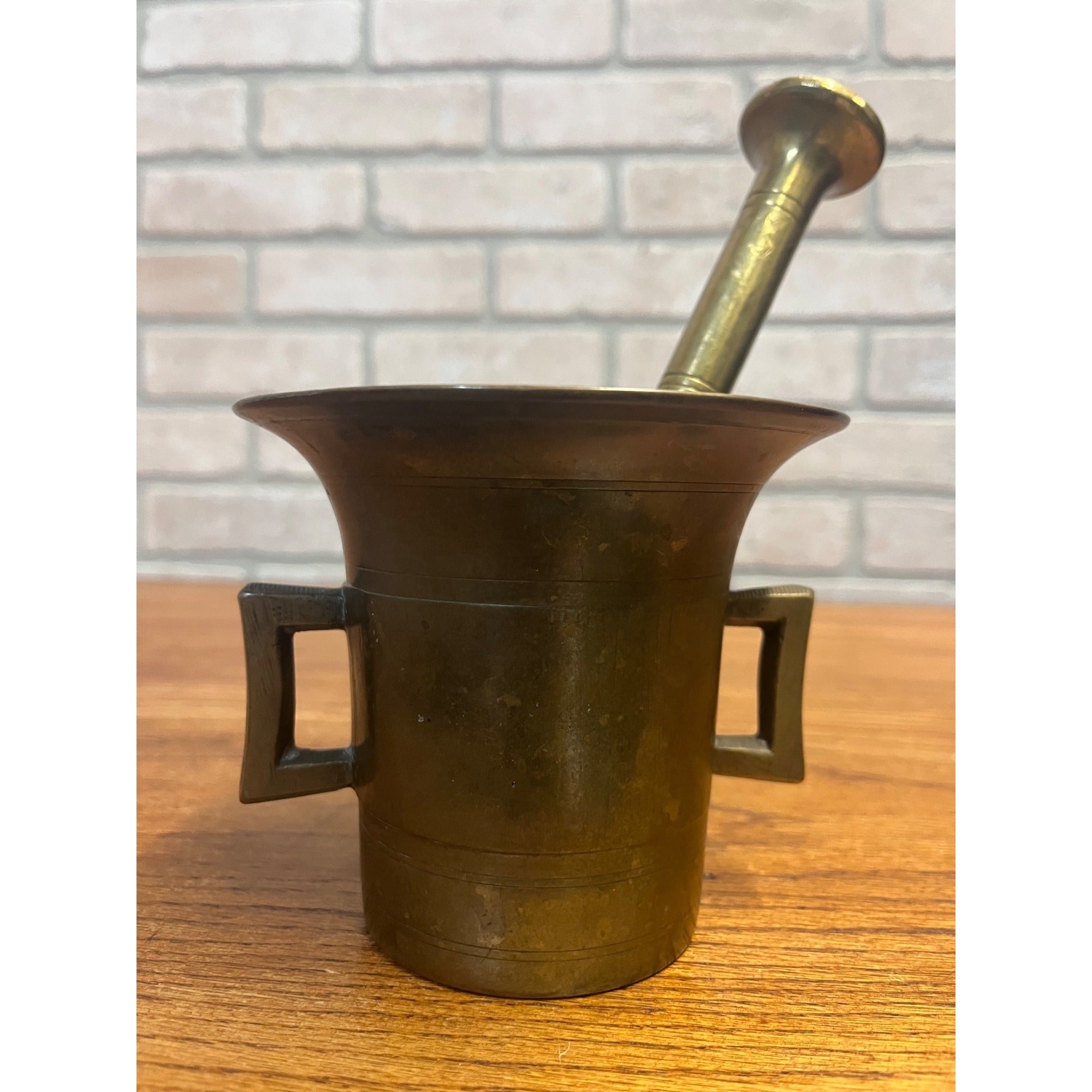 Vintage Large Solid Brass Double-Handled Mortar and Pestle Set Banded Decoration