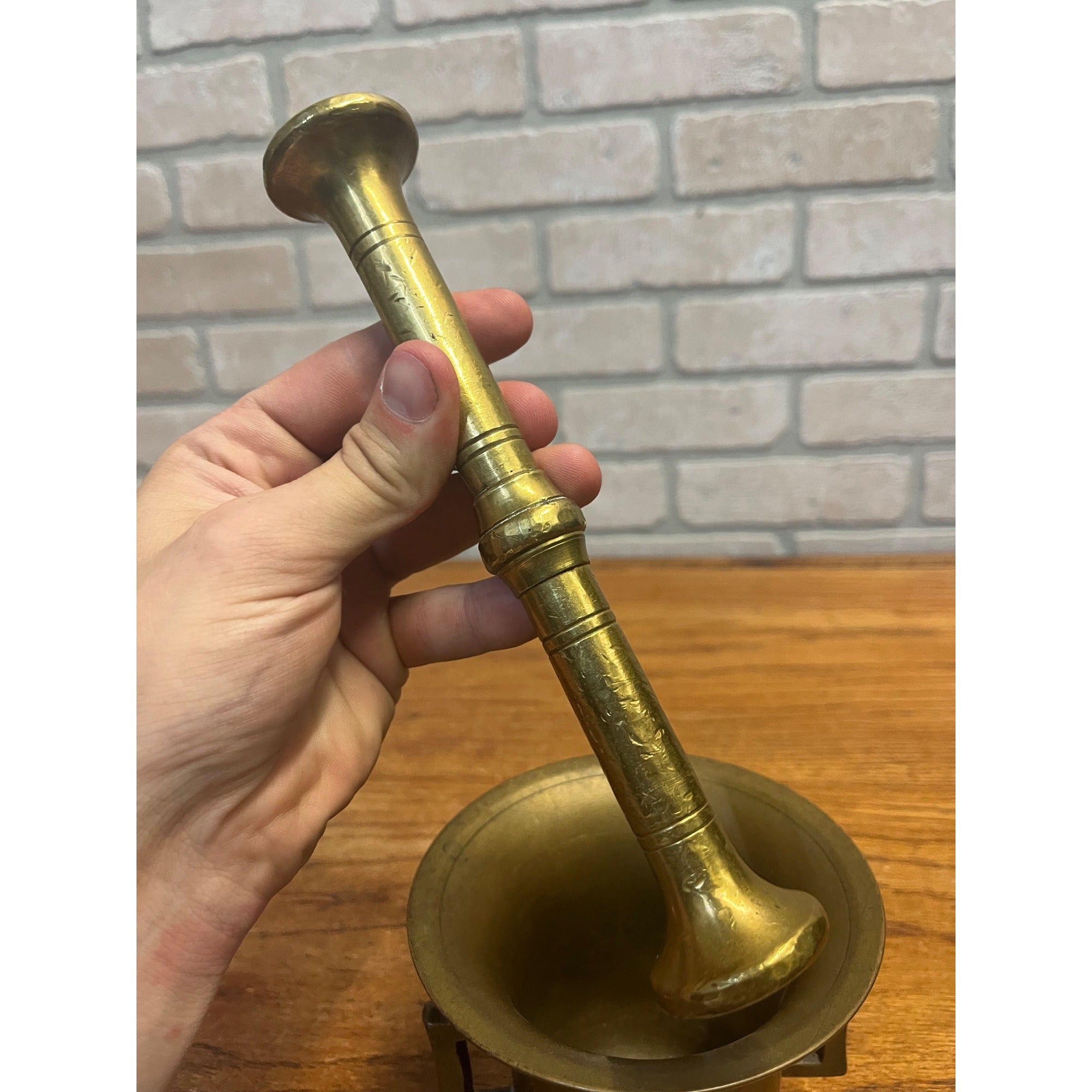 Vintage Large Solid Brass Double-Handled Mortar and Pestle Set Banded Decoration