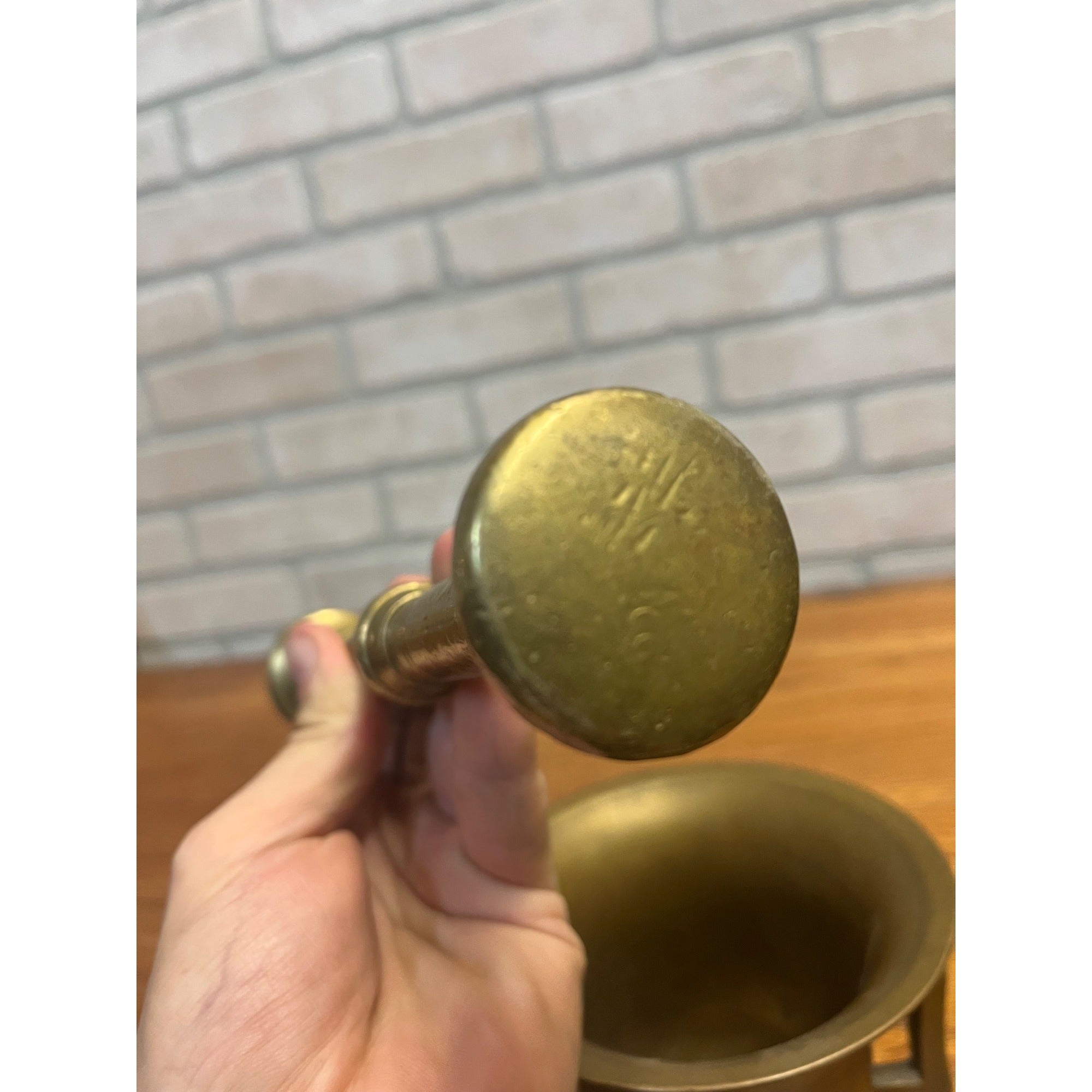 Vintage Large Solid Brass Double-Handled Mortar and Pestle Set Banded Decoration
