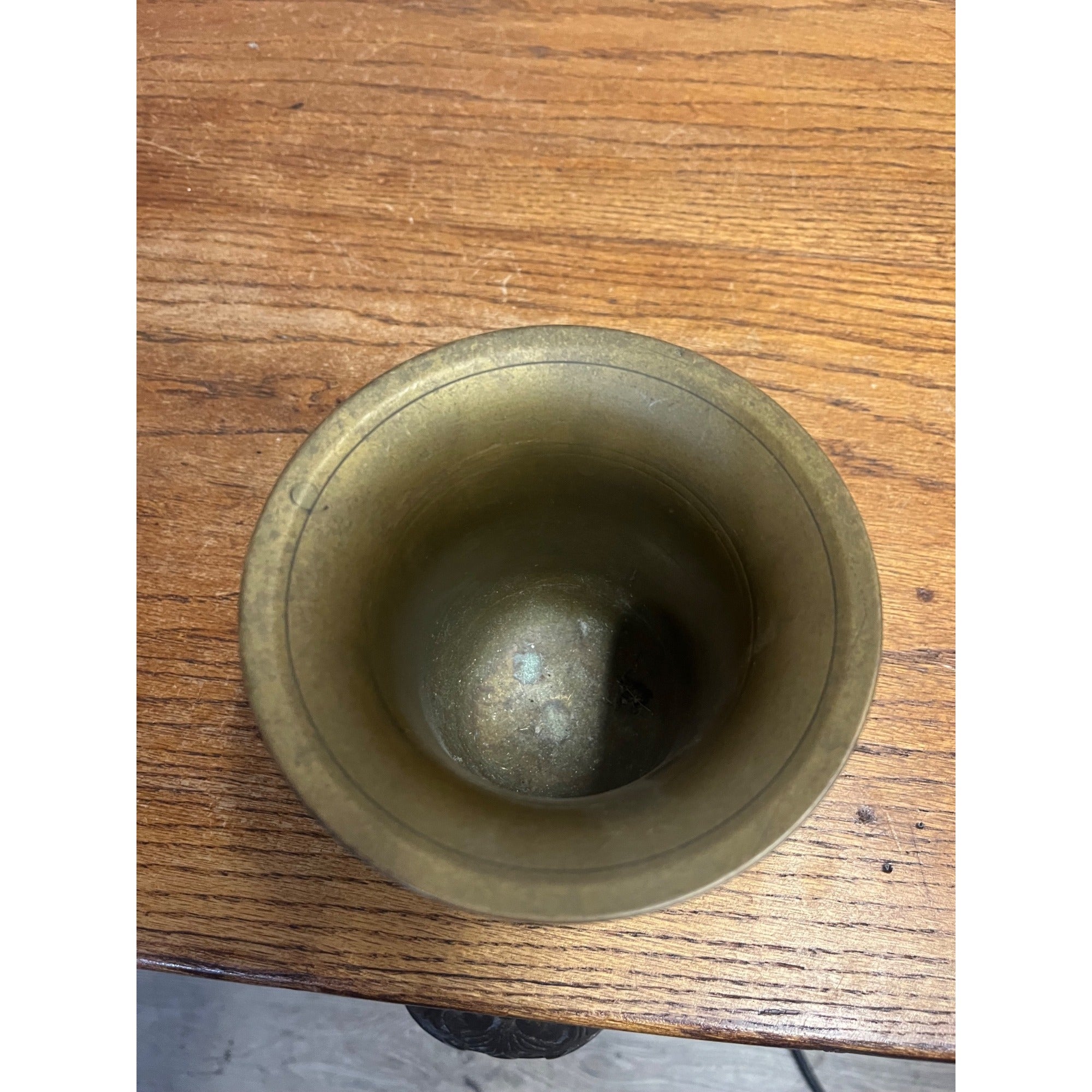 Vintage Large Solid Brass Double-Handled Mortar and Pestle Set Banded Decoration
