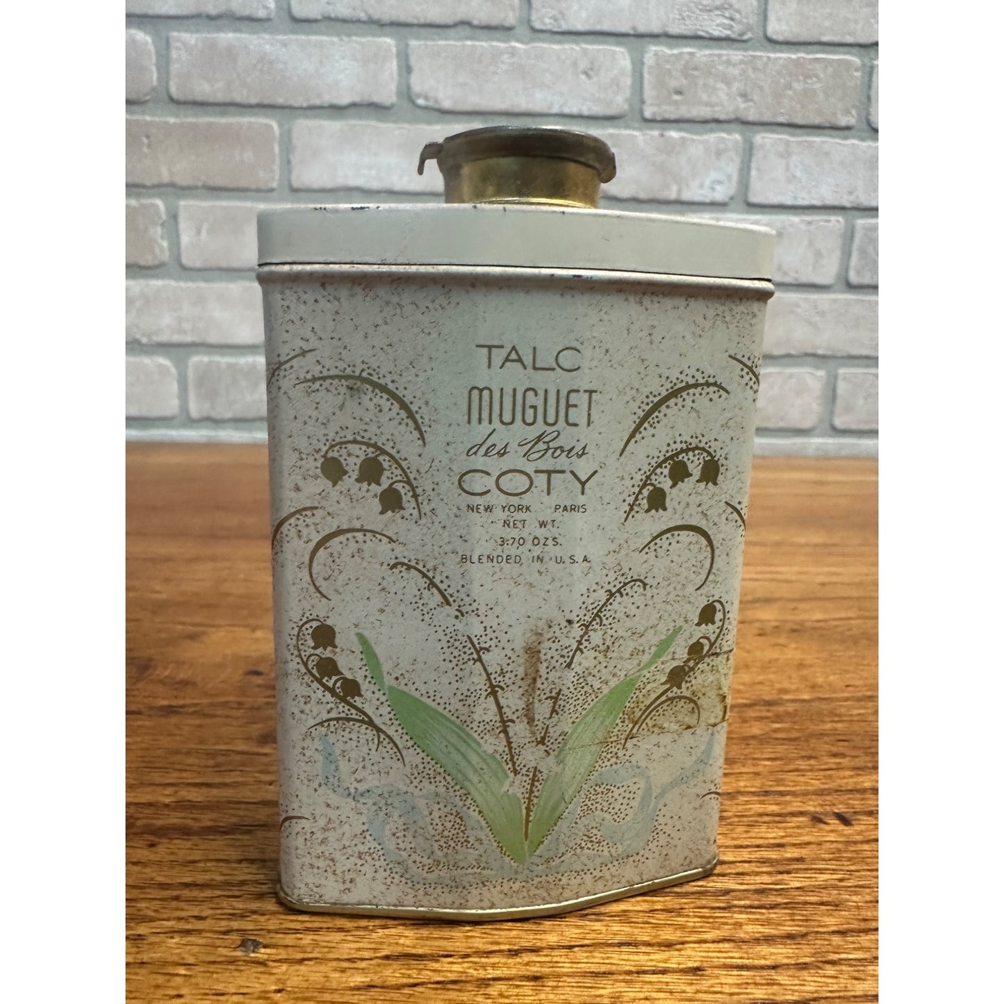 Vintage Muguet des bois COTY TALC TALCUM POWDER 3.7 Oz Graphic Tin Shaker Top