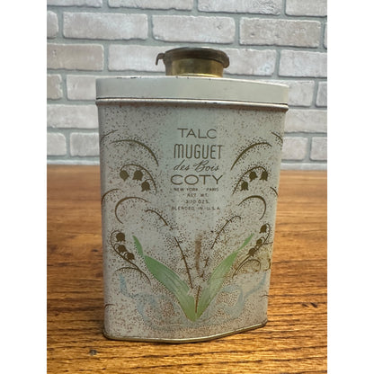 Vintage Muguet des bois COTY TALC TALCUM POWDER 3.7 Oz Graphic Tin Shaker Top