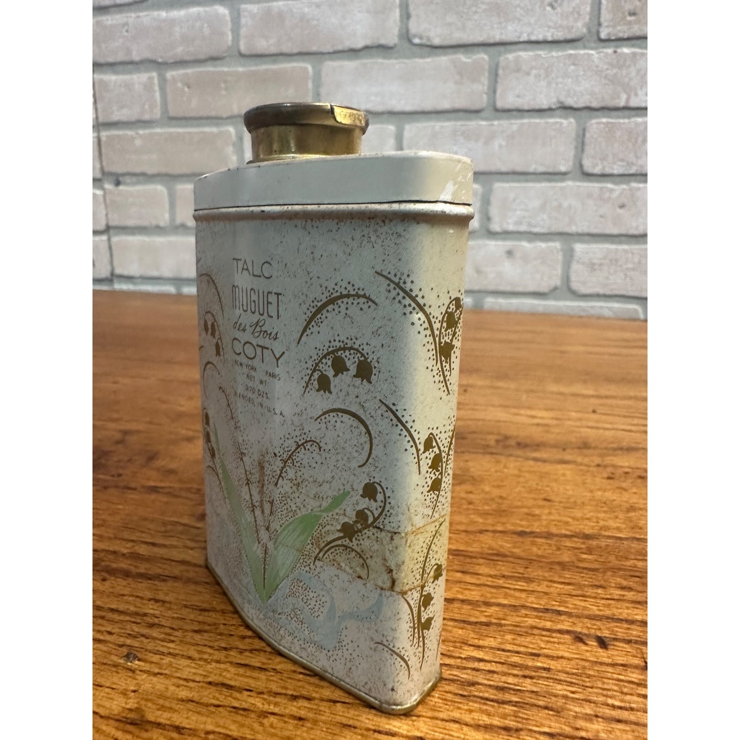 Vintage Muguet des bois COTY TALC TALCUM POWDER 3.7 Oz Graphic Tin Shaker Top