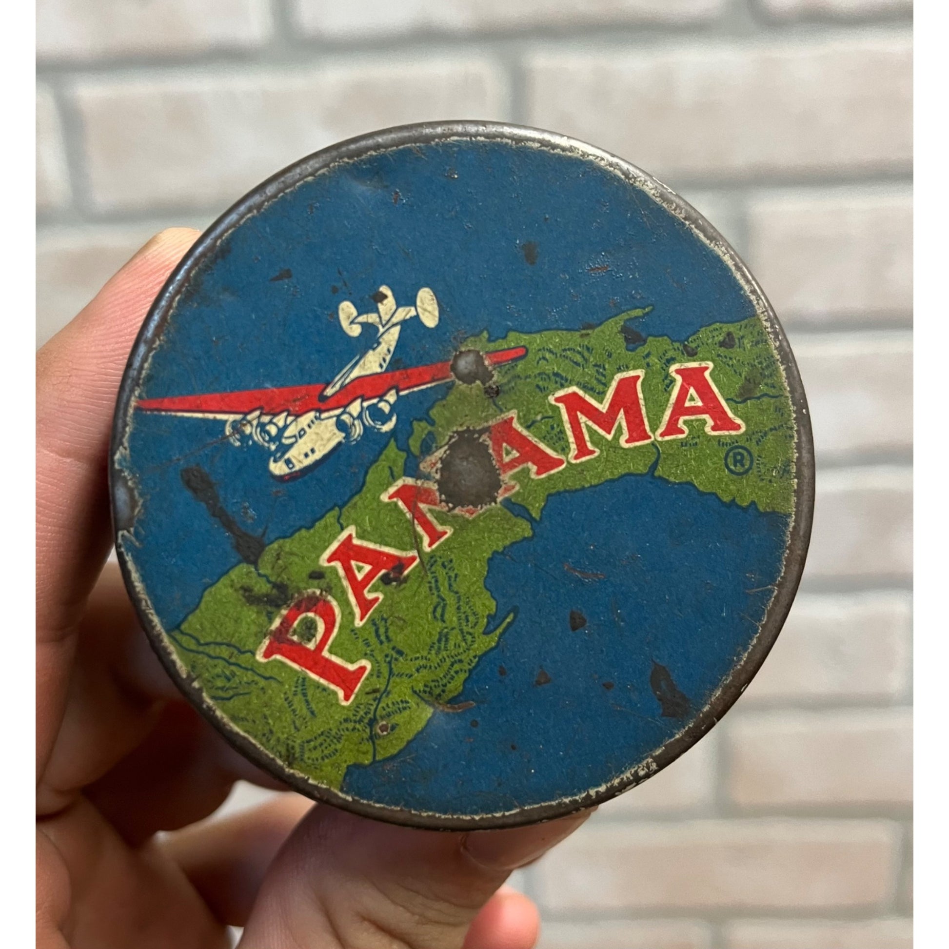 Vintage Panama Typewriter Ribbon Advertising Tin Can 2.5" Airplane Graphic