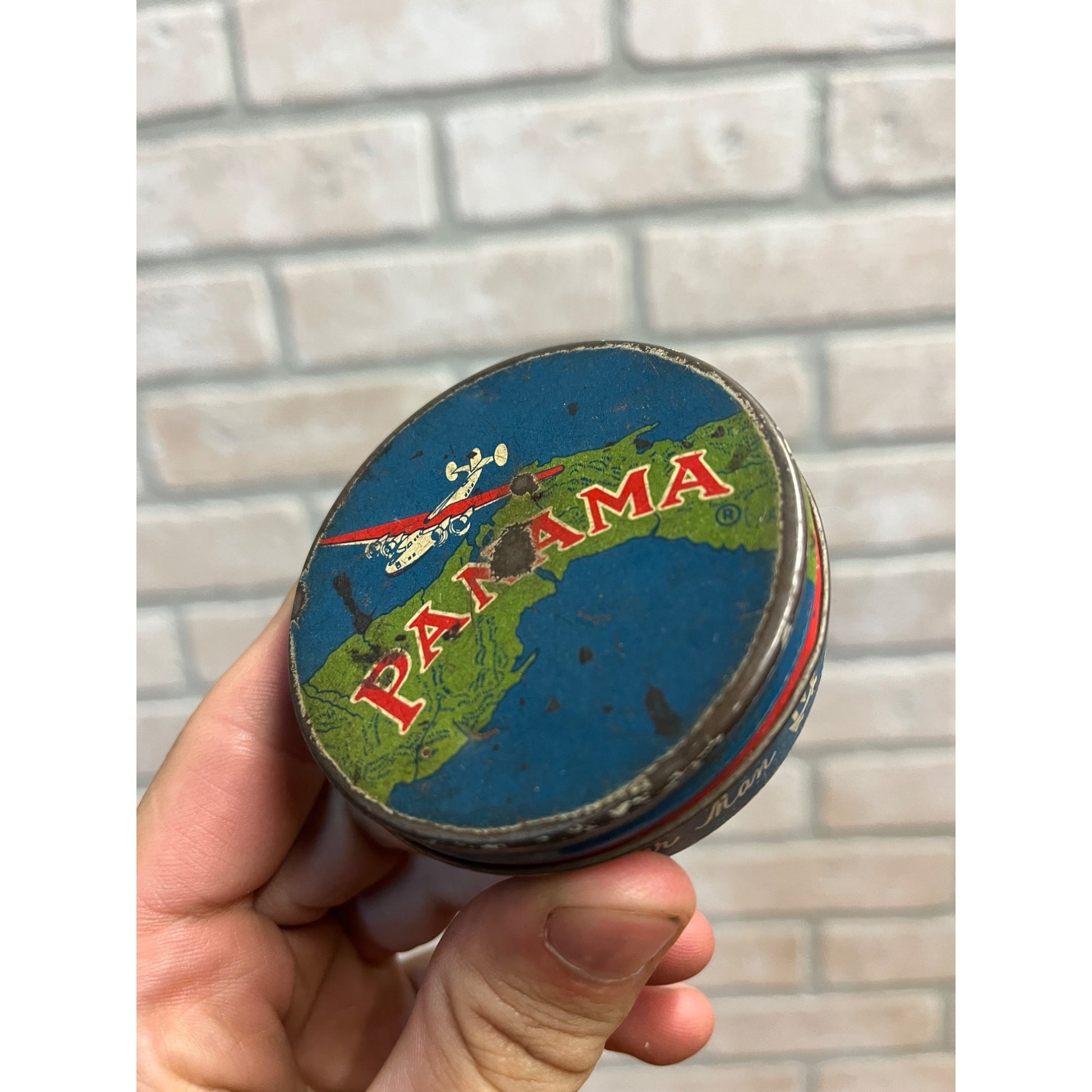 Vintage Panama Typewriter Ribbon Advertising Tin Can 2.5" Airplane Graphic