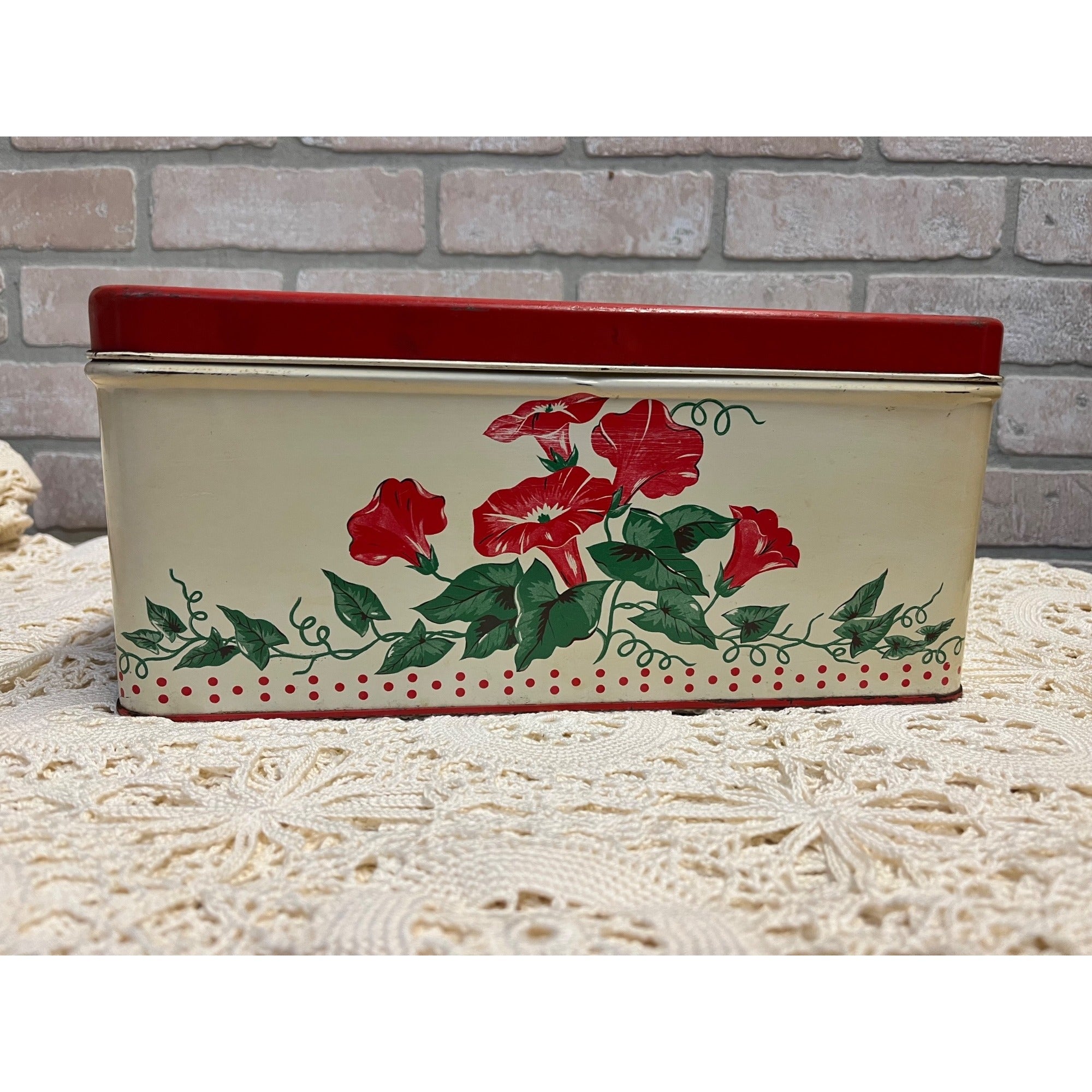 Vintage 1950s Tin Metal Kitchen Bread Box Red & Cream Floral Retro 12"