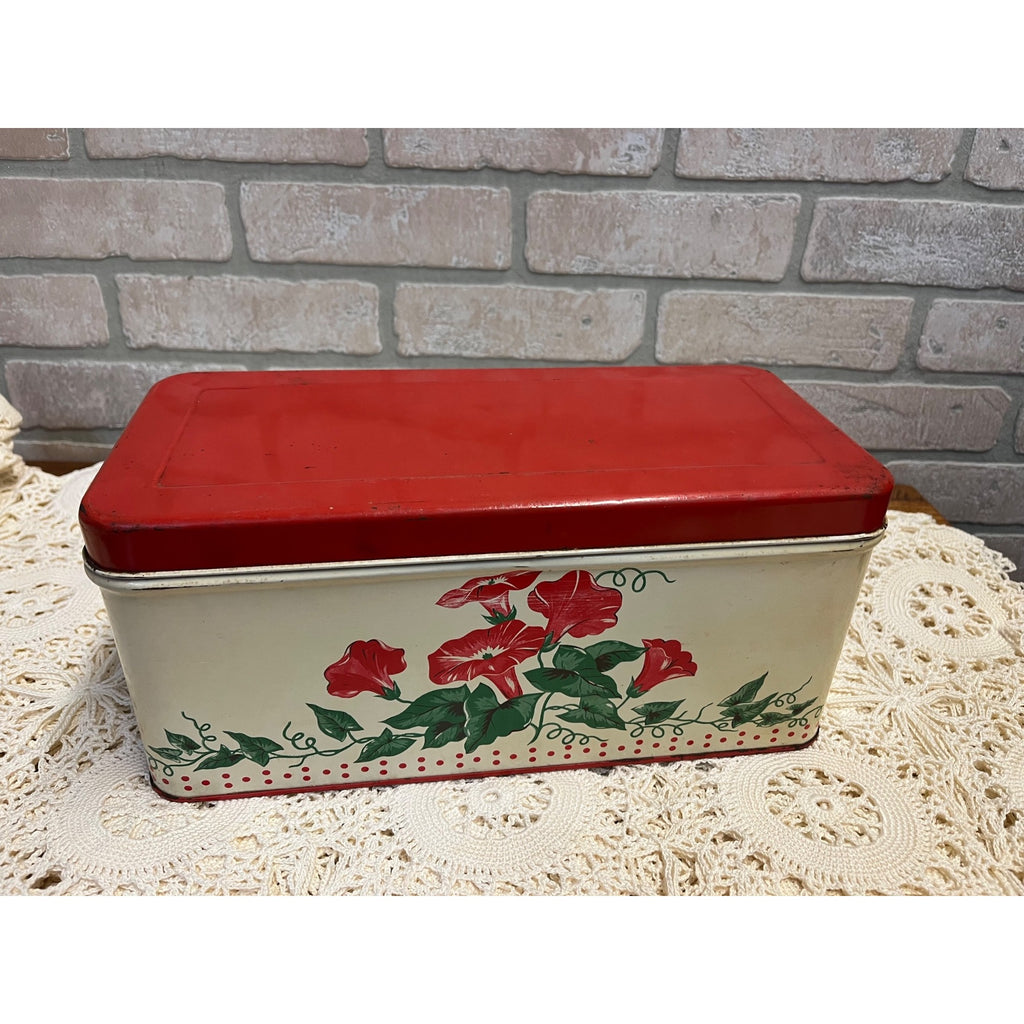 Vintage 1950s Tin Metal Kitchen Bread Box Red & Cream Floral Retro 12"