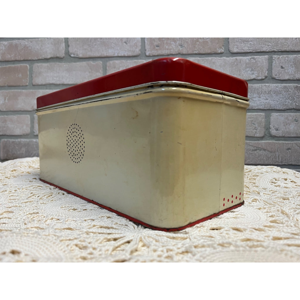 Vintage 1950s Tin Metal Kitchen Bread Box Red & Cream Floral Retro 12"
