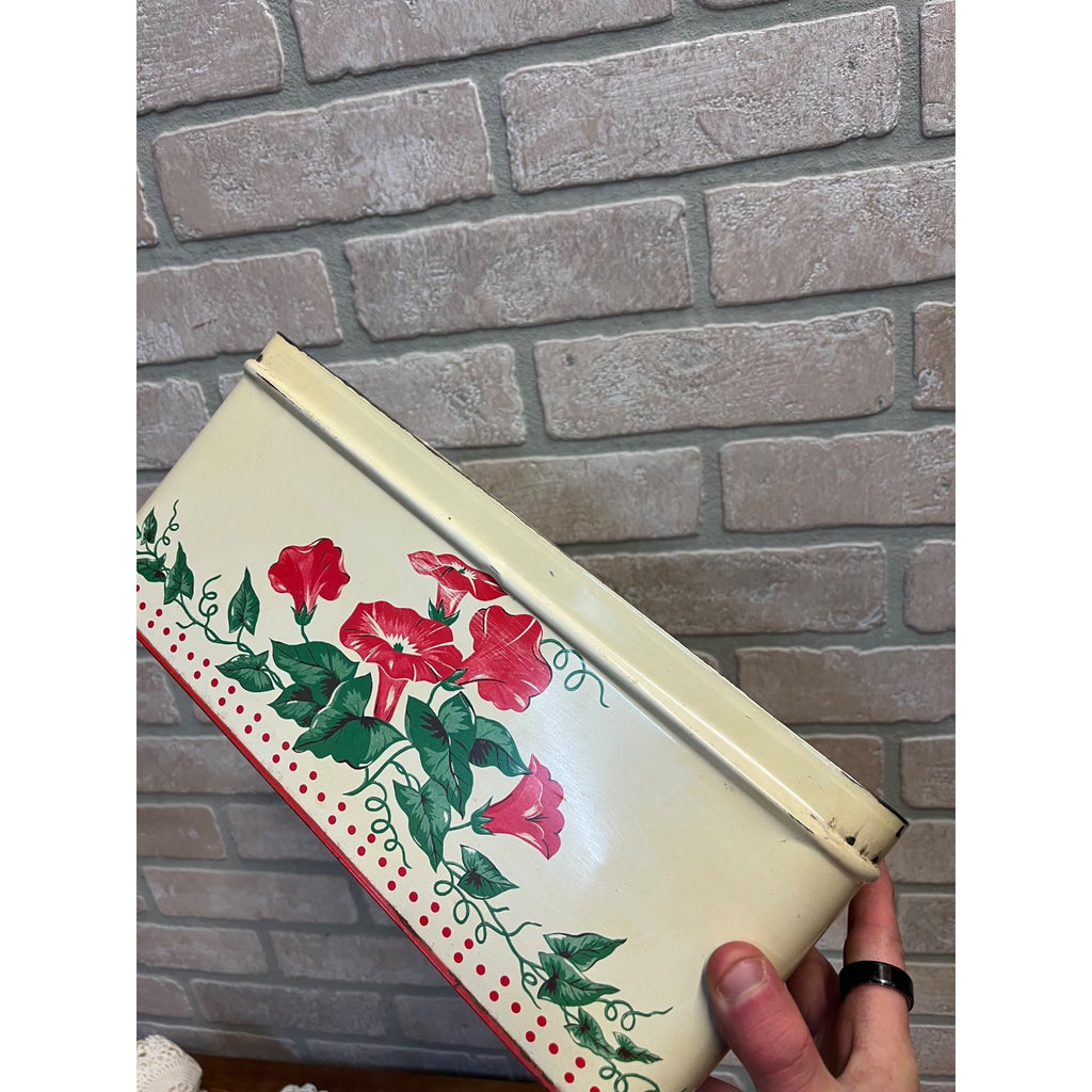 Vintage 1950s Tin Metal Kitchen Bread Box Red & Cream Floral Retro 12"