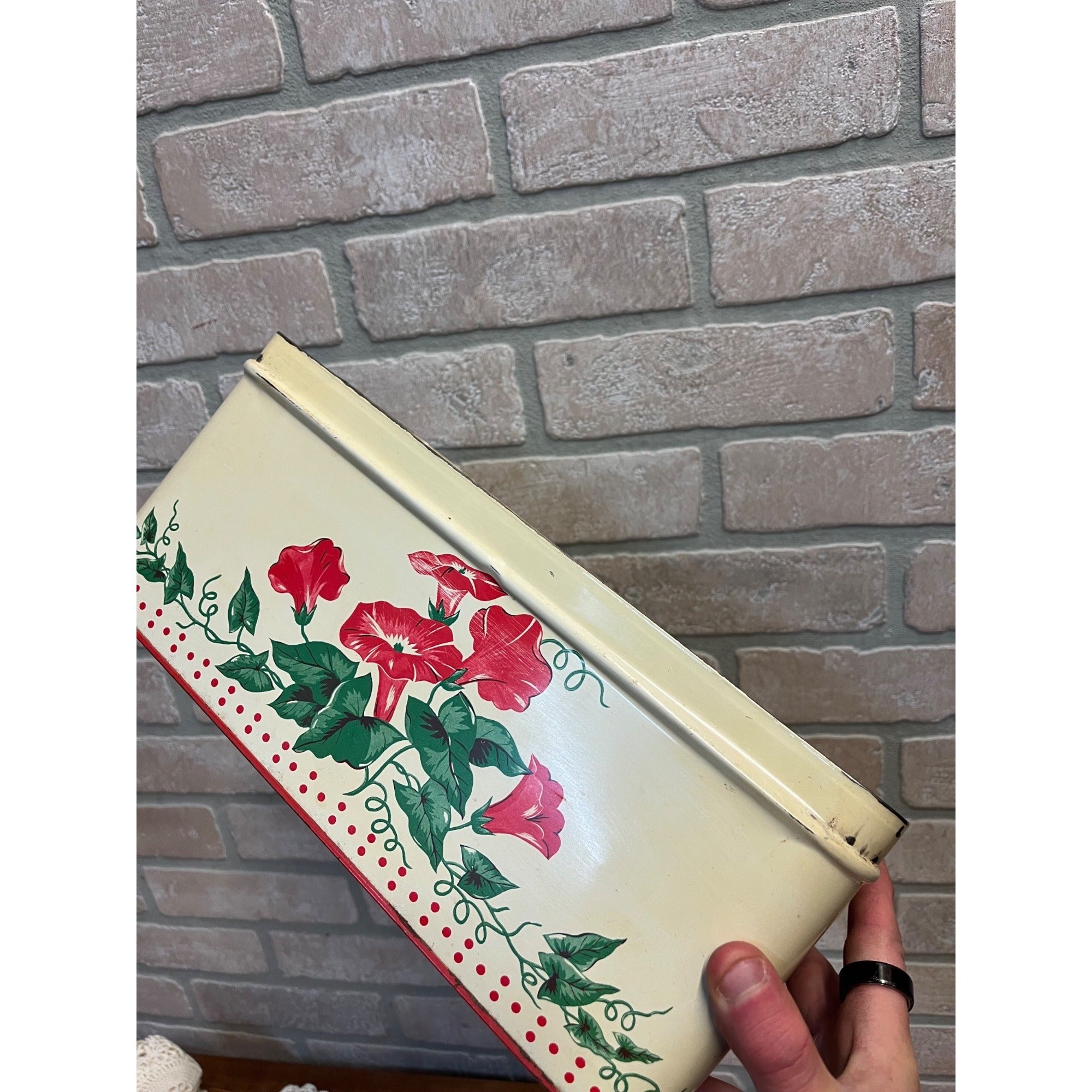 Vintage 1950s Tin Metal Kitchen Bread Box Red & Cream Floral Retro 12"