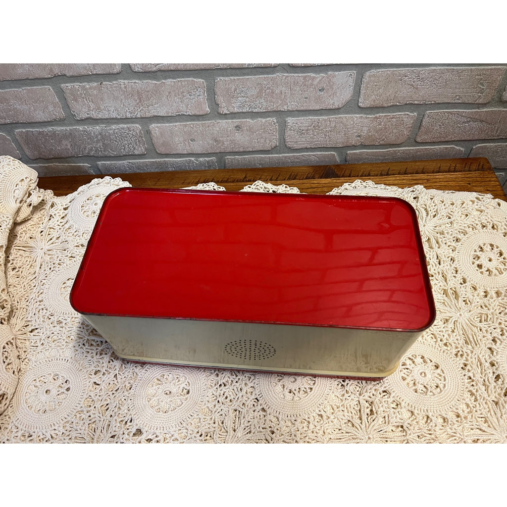 Vintage 1950s Tin Metal Kitchen Bread Box Red & Cream Floral Retro 12"