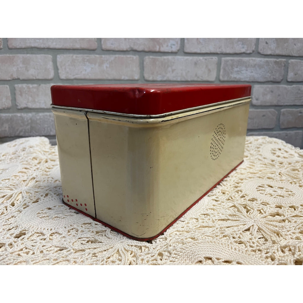Vintage 1950s Tin Metal Kitchen Bread Box Red & Cream Floral Retro 12"