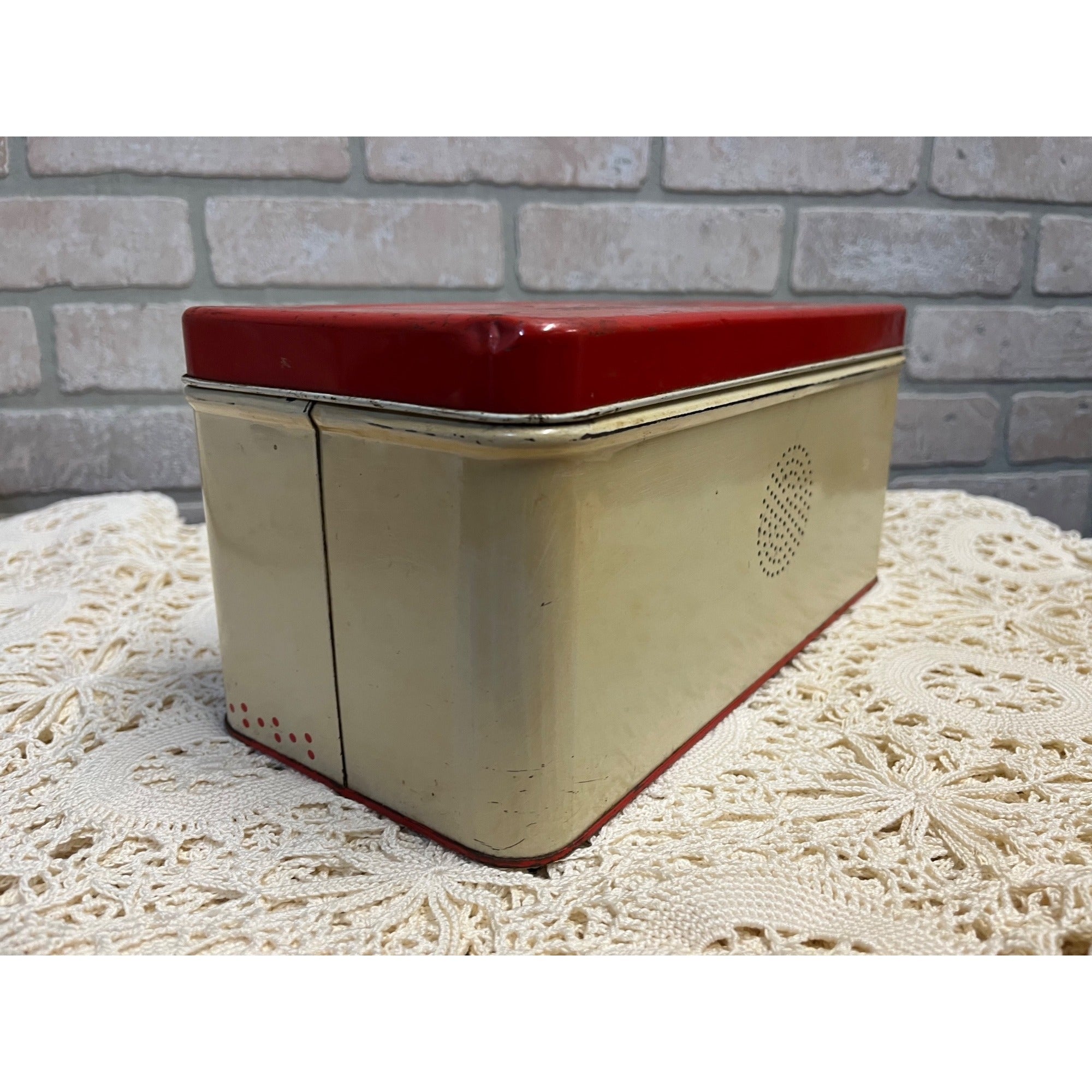 Vintage 1950s Tin Metal Kitchen Bread Box Red & Cream Floral Retro 12"