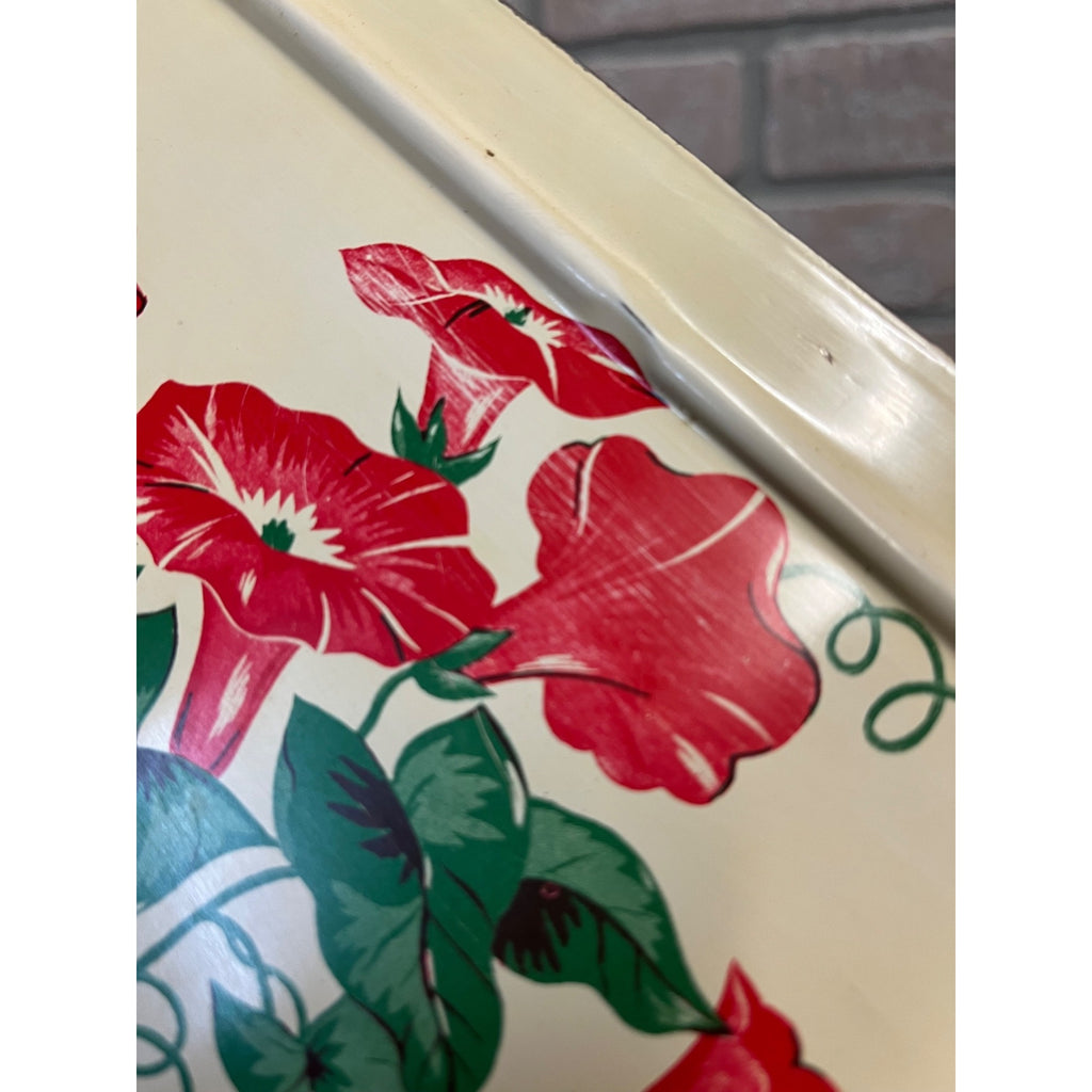 Vintage 1950s Tin Metal Kitchen Bread Box Red & Cream Floral Retro 12"