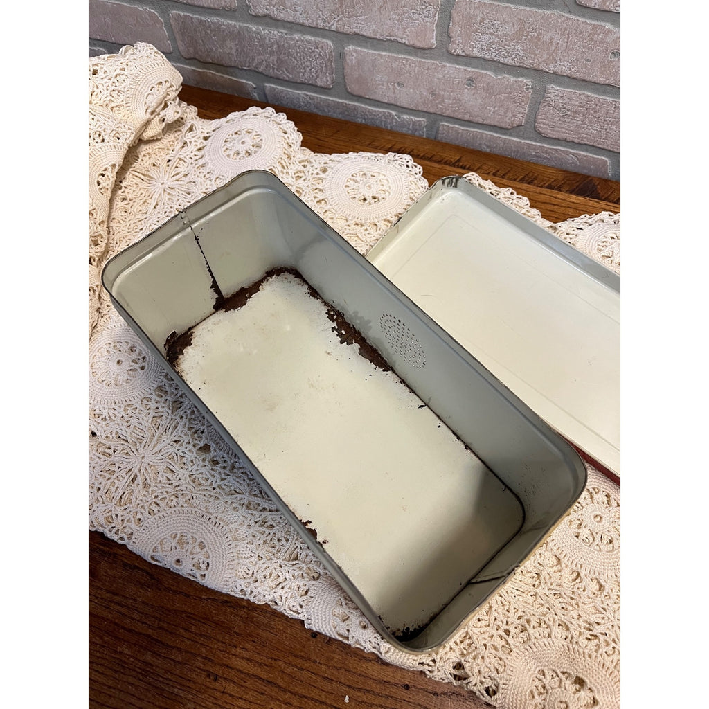 Vintage 1950s Tin Metal Kitchen Bread Box Red & Cream Floral Retro 12"