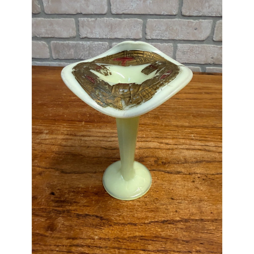Antique Victorian Uranium Custard Glass Jack in the Pulpit 6" Vase Gilt Enamel