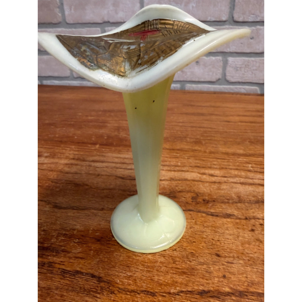 Antique Victorian Uranium Custard Glass Jack in the Pulpit 6" Vase Gilt Enamel