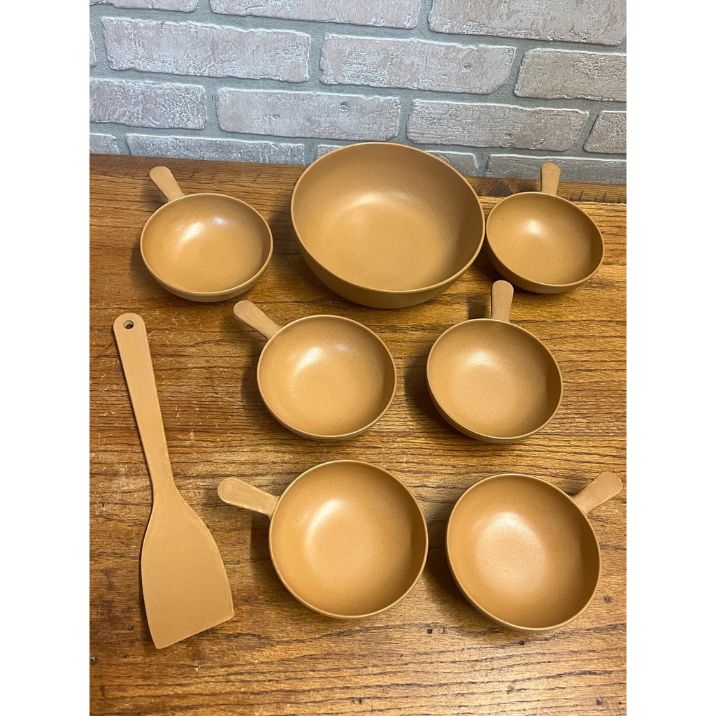 Vintage Ellingers Agatized Soup Handle Wood Bowls & Spatula Sheboygan WI