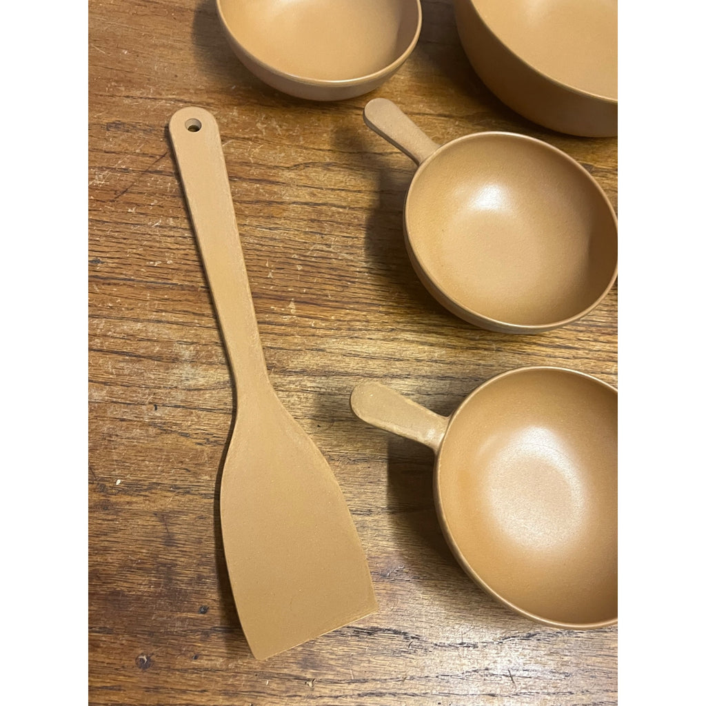 Vintage Ellingers Agatized Soup Handle Wood Bowls & Spatula Sheboygan WI