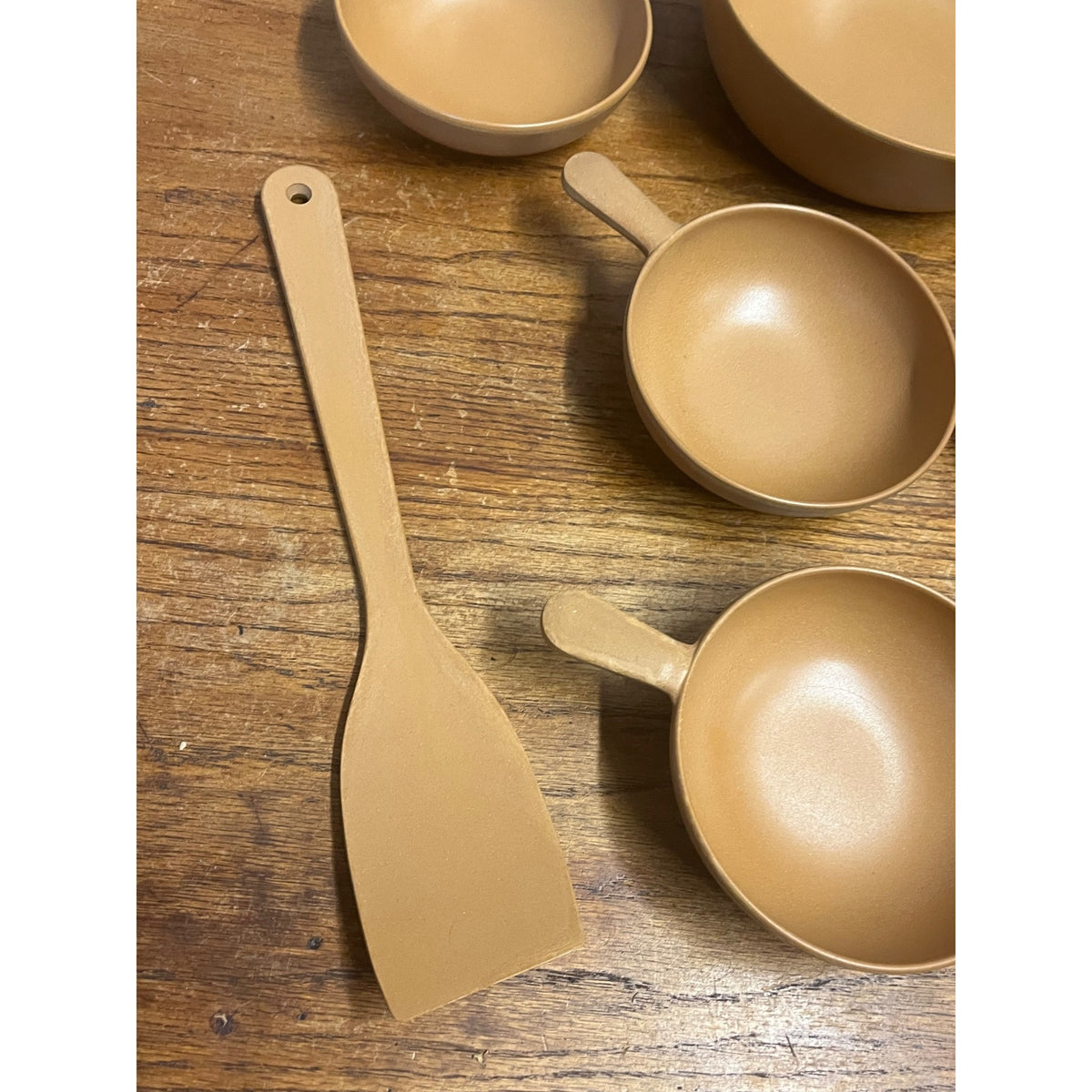 Vintage Ellingers Agatized Soup Handle Wood Bowls & Spatula Sheboygan WI