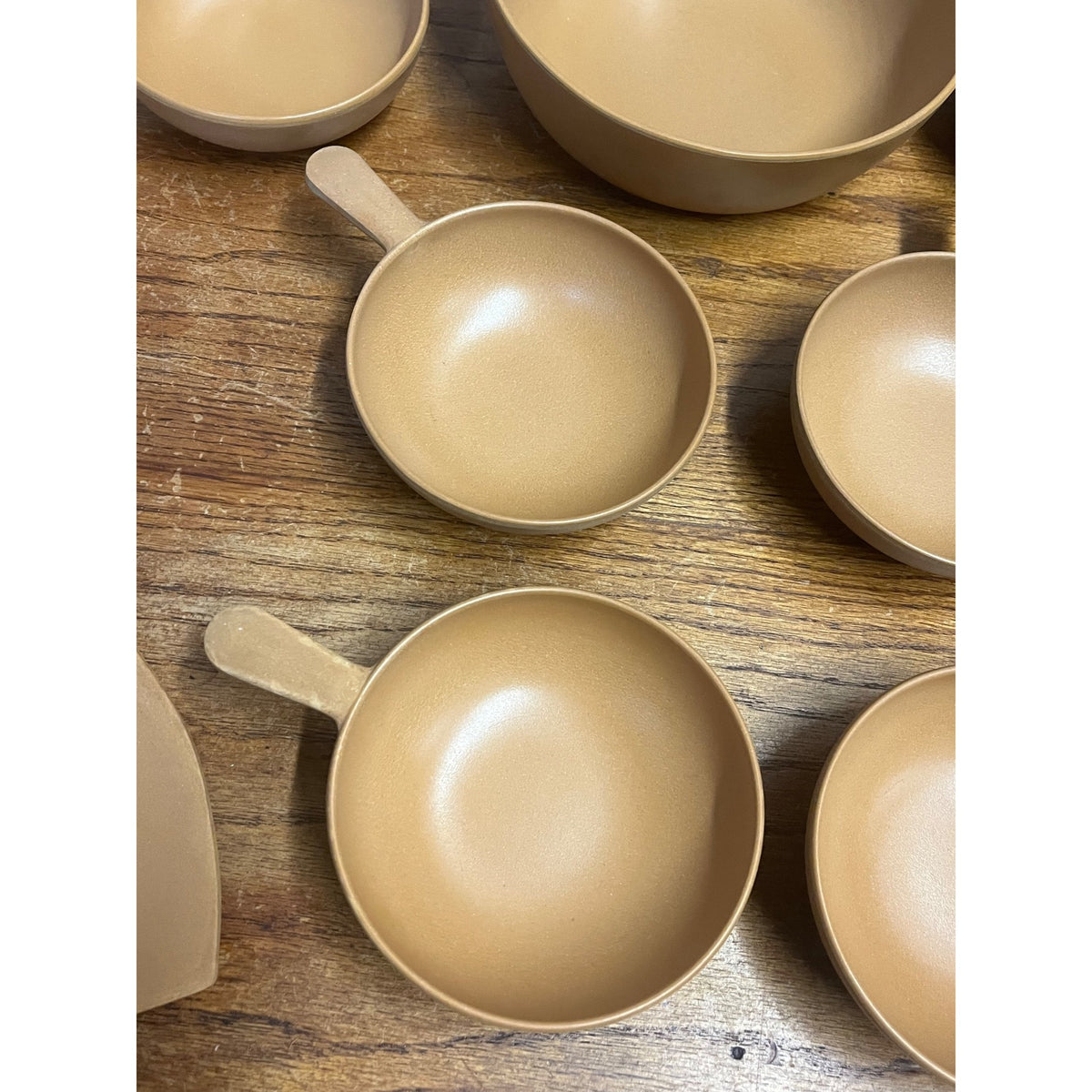 Vintage Ellingers Agatized Soup Handle Wood Bowls & Spatula Sheboygan WI