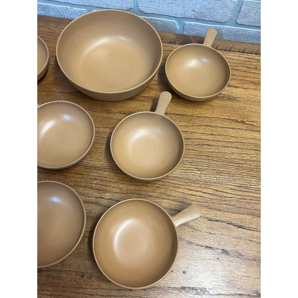 Vintage Ellingers Agatized Soup Handle Wood Bowls & Spatula Sheboygan WI