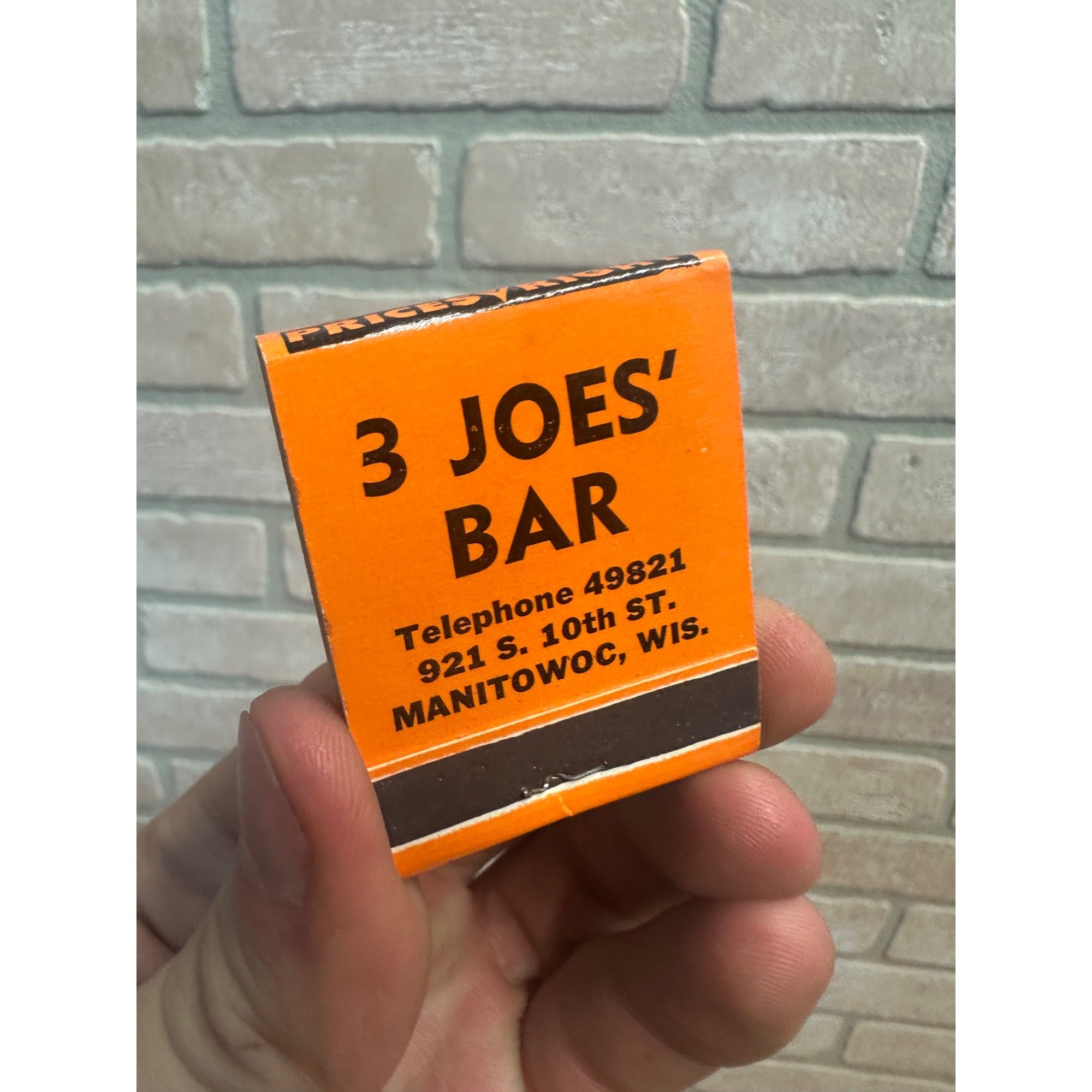 Vintage 3 Joes' Bar Manitowoc Wisconsin Wis FULL Advertising Matchbook
