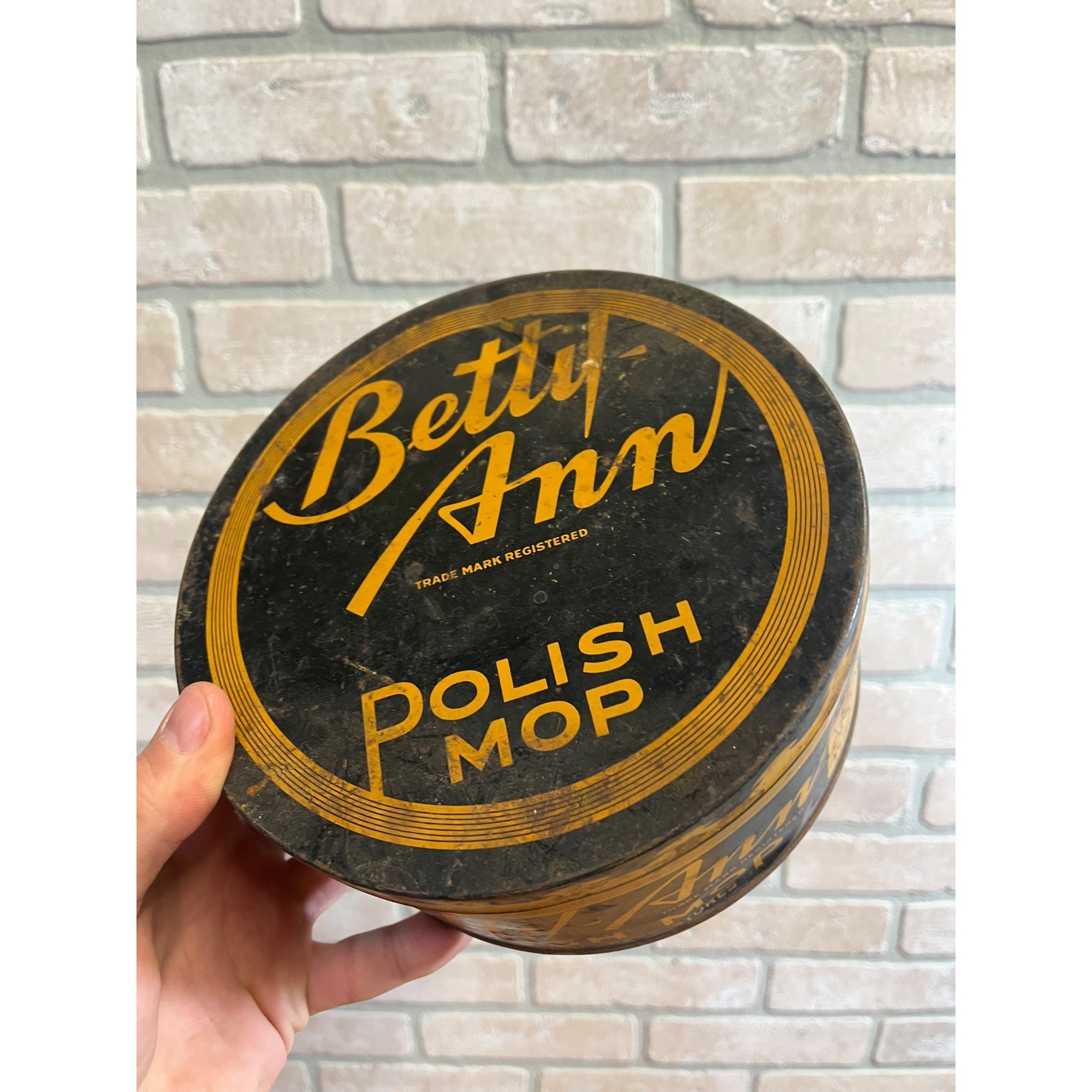 Vintage Betty Ann Polish Mop Advertising Canister Lithograph Metal Tin Can