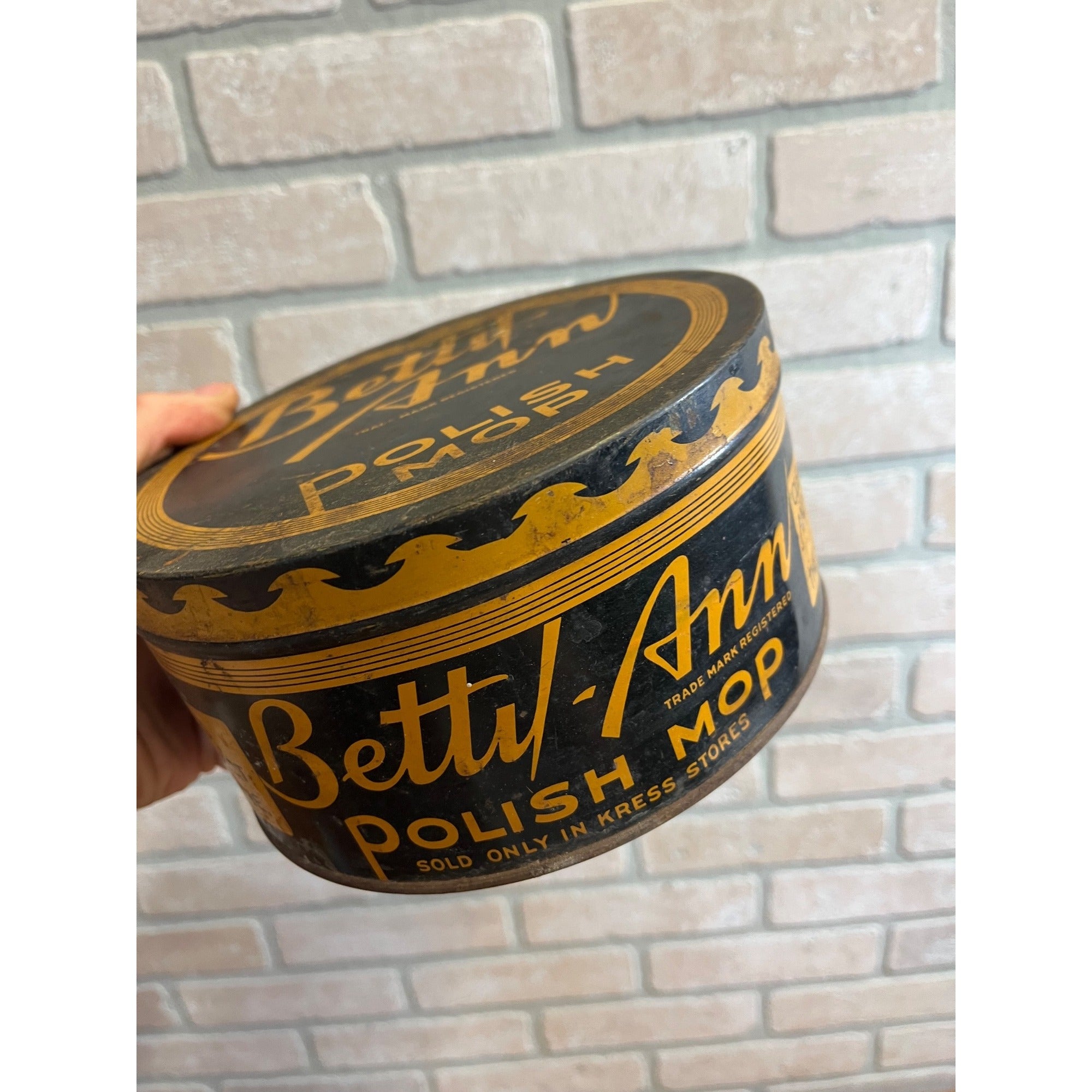 Vintage Betty Ann Polish Mop Advertising Canister Lithograph Metal Tin Can
