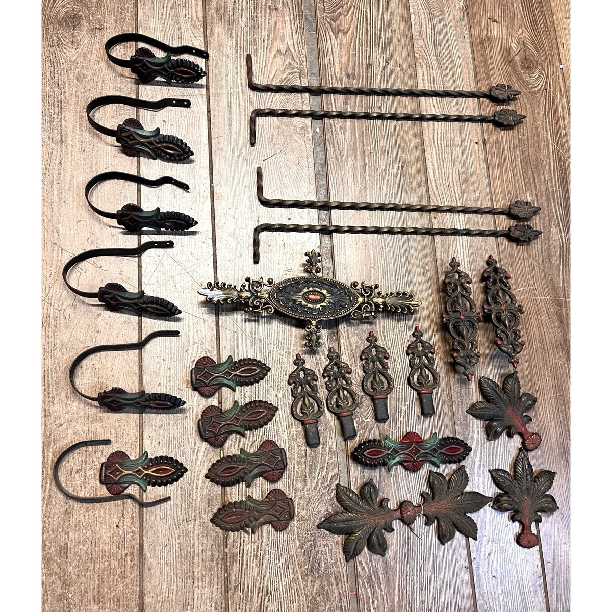 Antique Cast Metal Curtain Drapery Hardware Lot Polychrome Ornate Parts