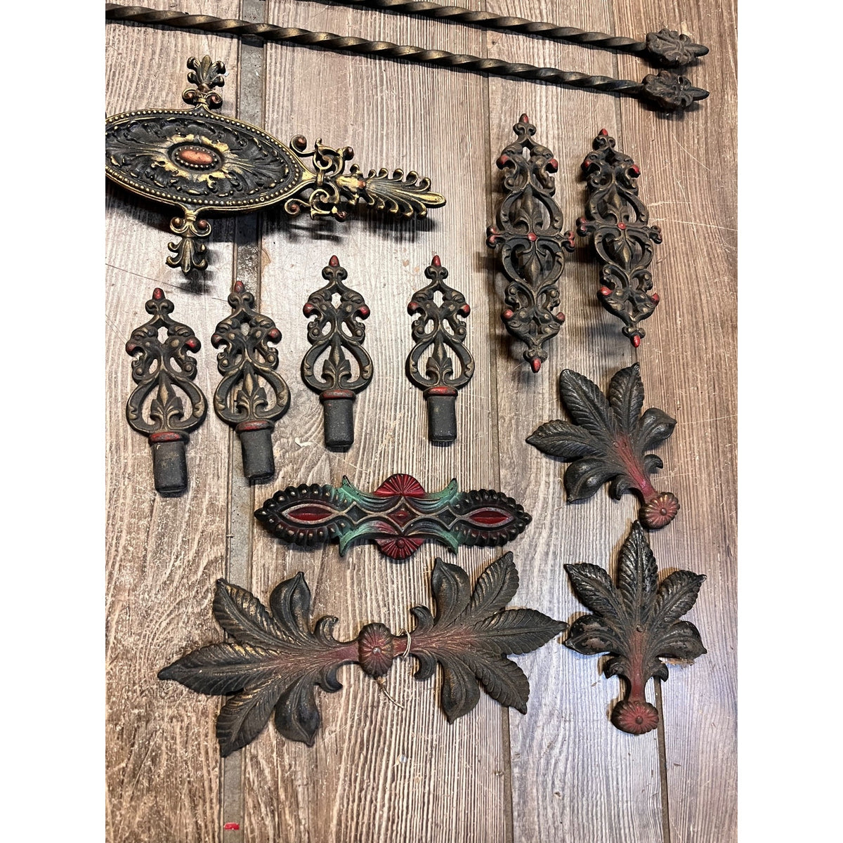 Antique Cast Metal Curtain Drapery Hardware Lot Polychrome Ornate Parts