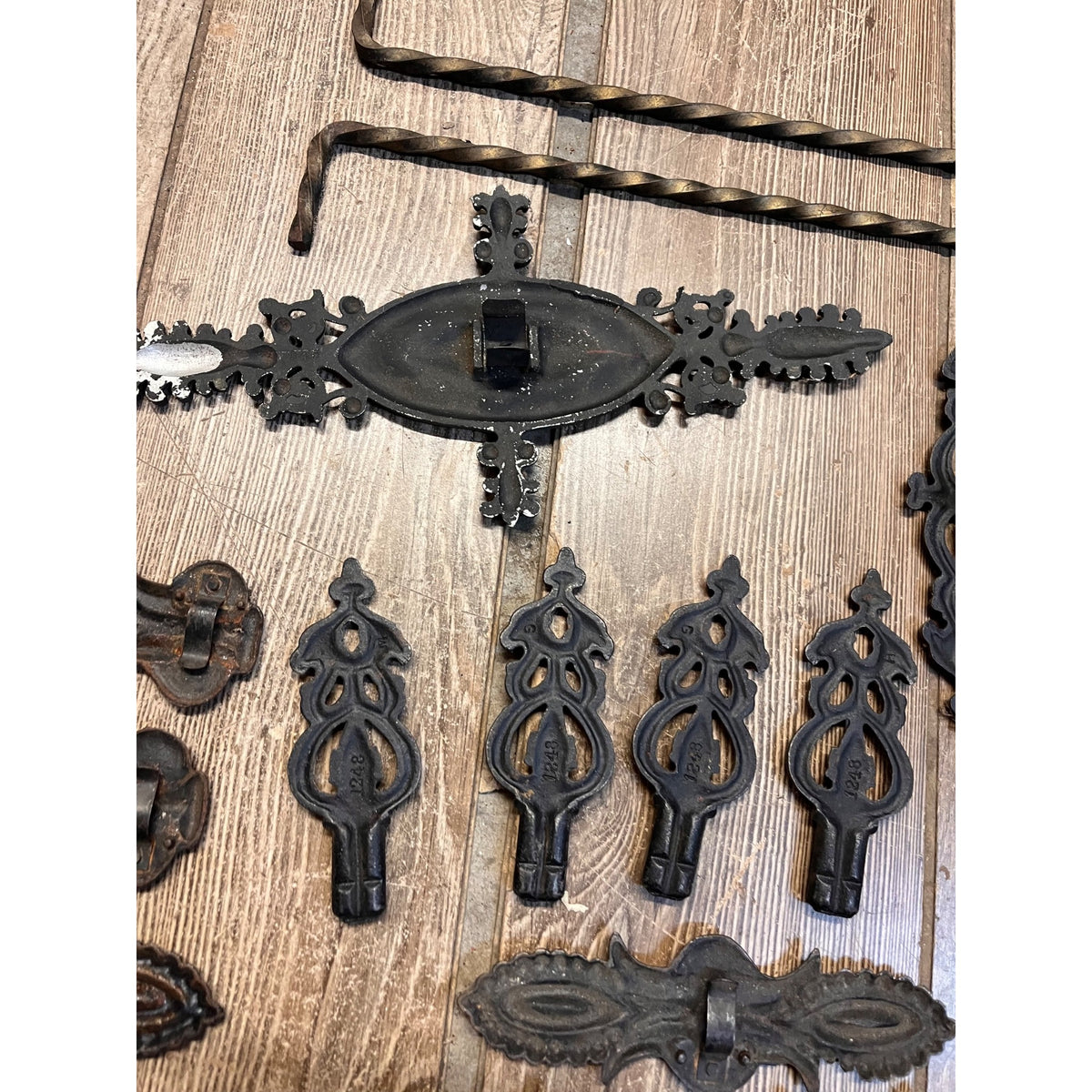 Antique Cast Metal Curtain Drapery Hardware Lot Polychrome Ornate Parts