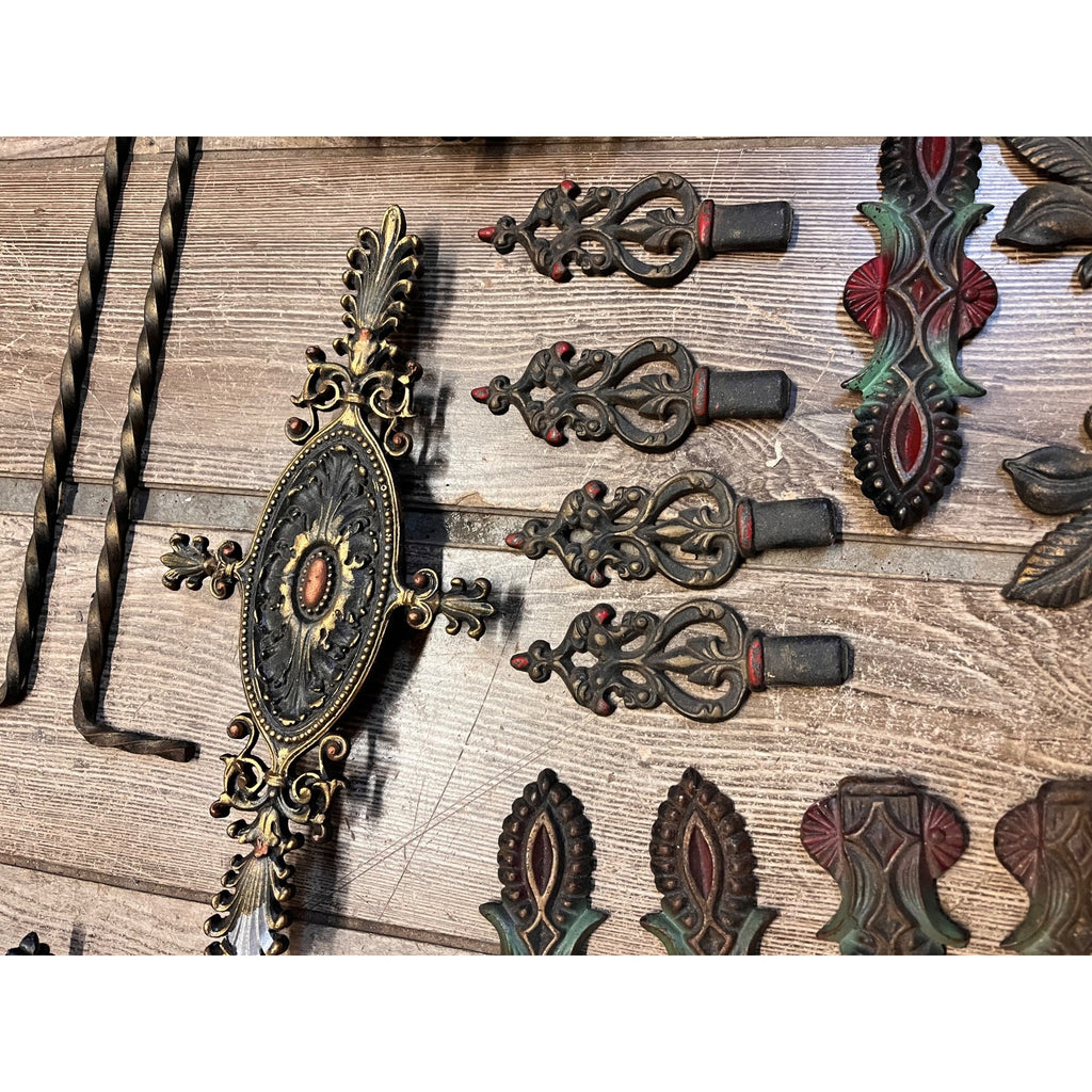 Antique Cast Metal Curtain Drapery Hardware Lot Polychrome Ornate Parts