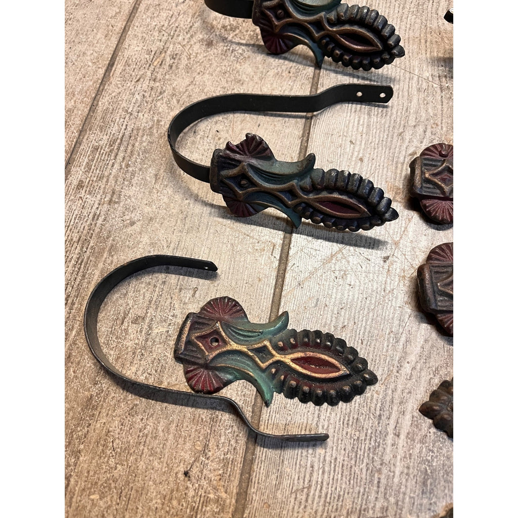 Antique Cast Metal Curtain Drapery Hardware Lot Polychrome Ornate Parts
