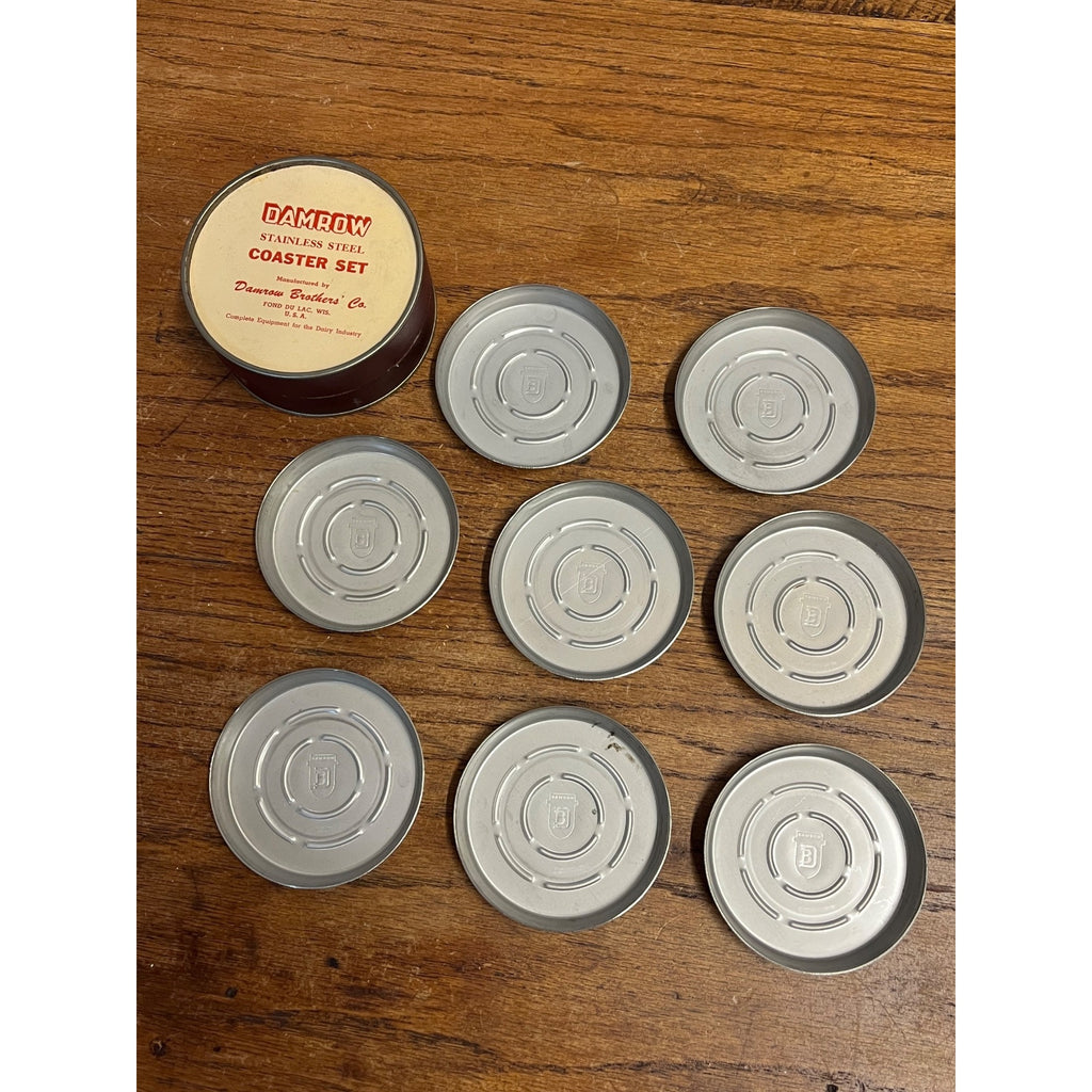 Vintage Damrow Brothers Co. Stainless Steel Coaster Set Fond du Lac WI Dairy Advertising