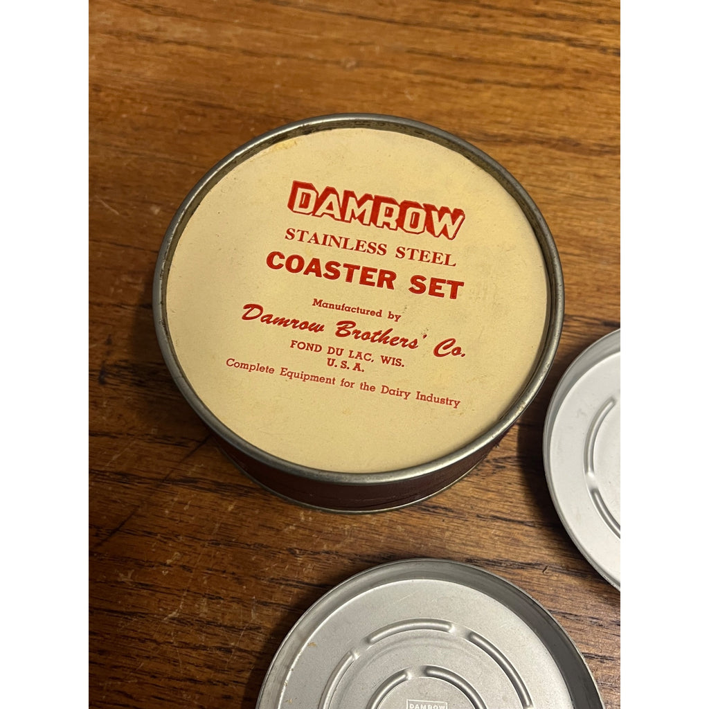 Vintage Damrow Brothers Co. Stainless Steel Coaster Set Fond du Lac WI Dairy Advertising