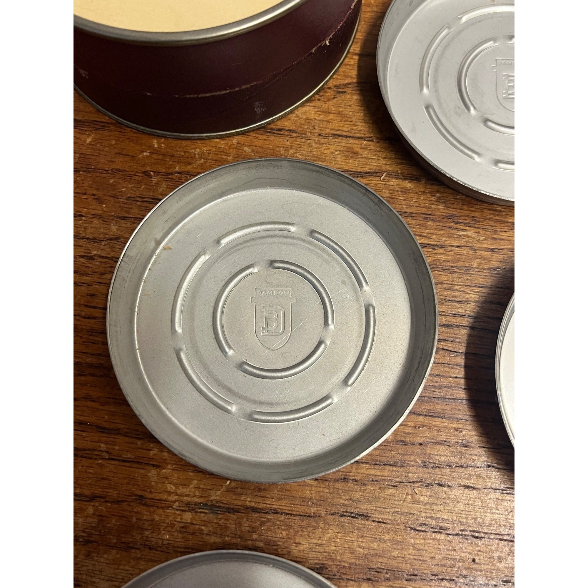 Vintage Damrow Brothers Co. Stainless Steel Coaster Set Fond du Lac WI Dairy Advertising
