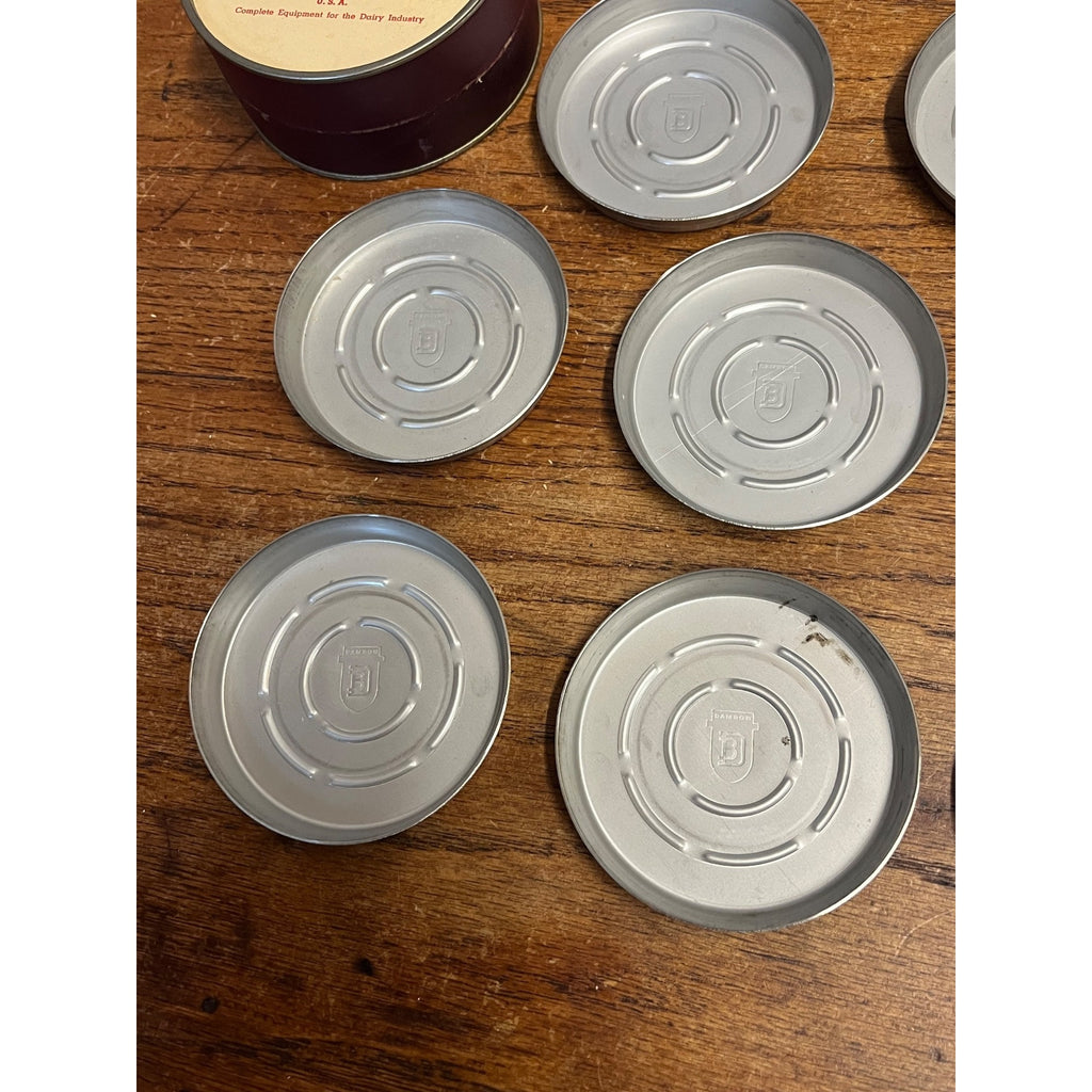 Vintage Damrow Brothers Co. Stainless Steel Coaster Set Fond du Lac WI Dairy Advertising
