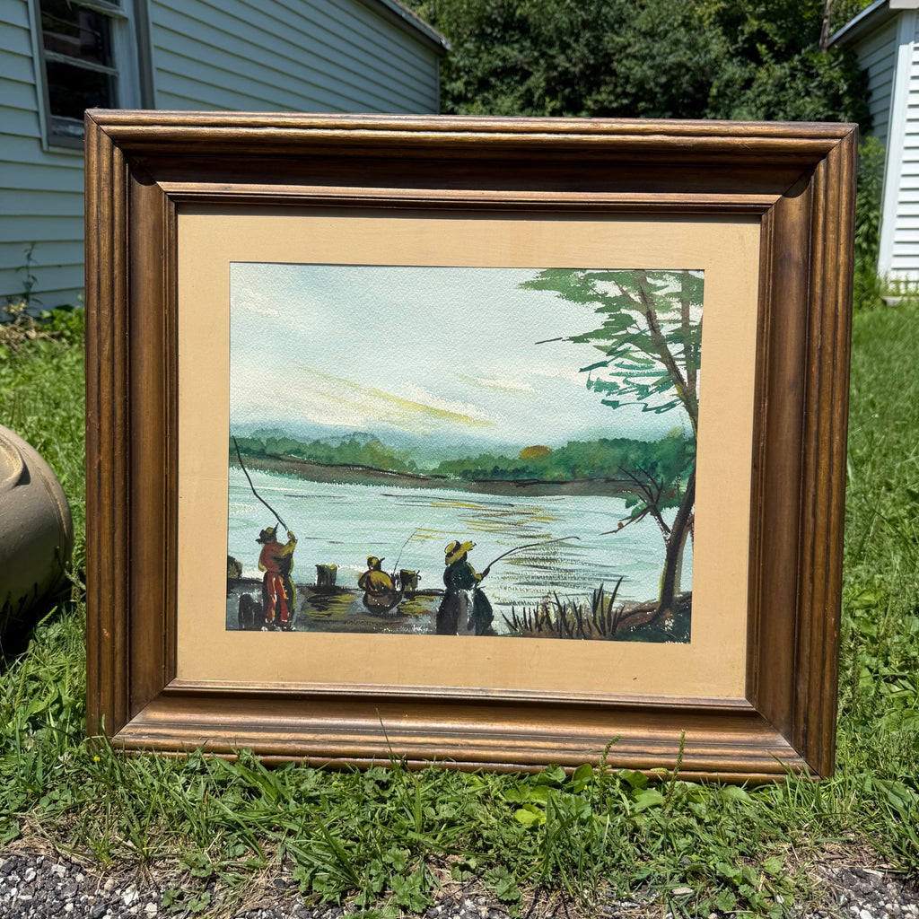 Vintage Mid-Century Framed Watercolor Art Fishing on Pier Lake Cabin Scene