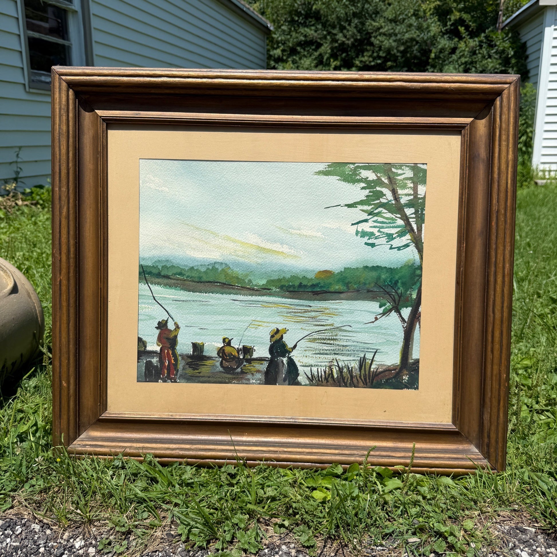 Vintage Mid-Century Framed Watercolor Art Fishing on Pier Lake Cabin Scene