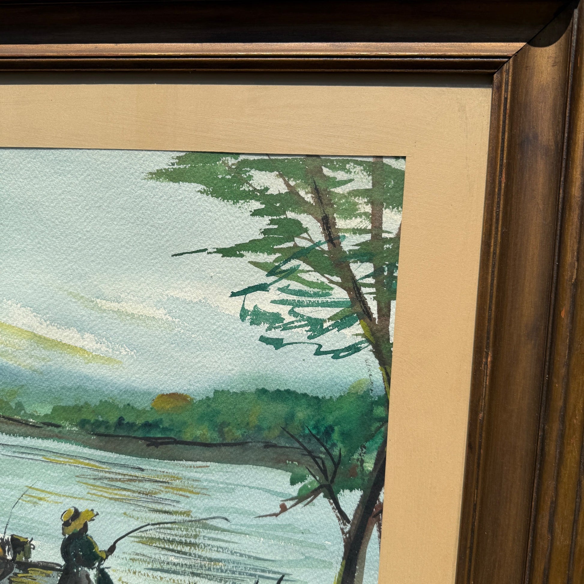 Vintage Mid-Century Framed Watercolor Art Fishing on Pier Lake Cabin Scene