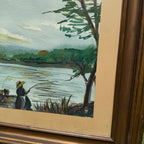 Vintage Mid-Century Framed Watercolor Art Fishing on Pier Lake Cabin Scene