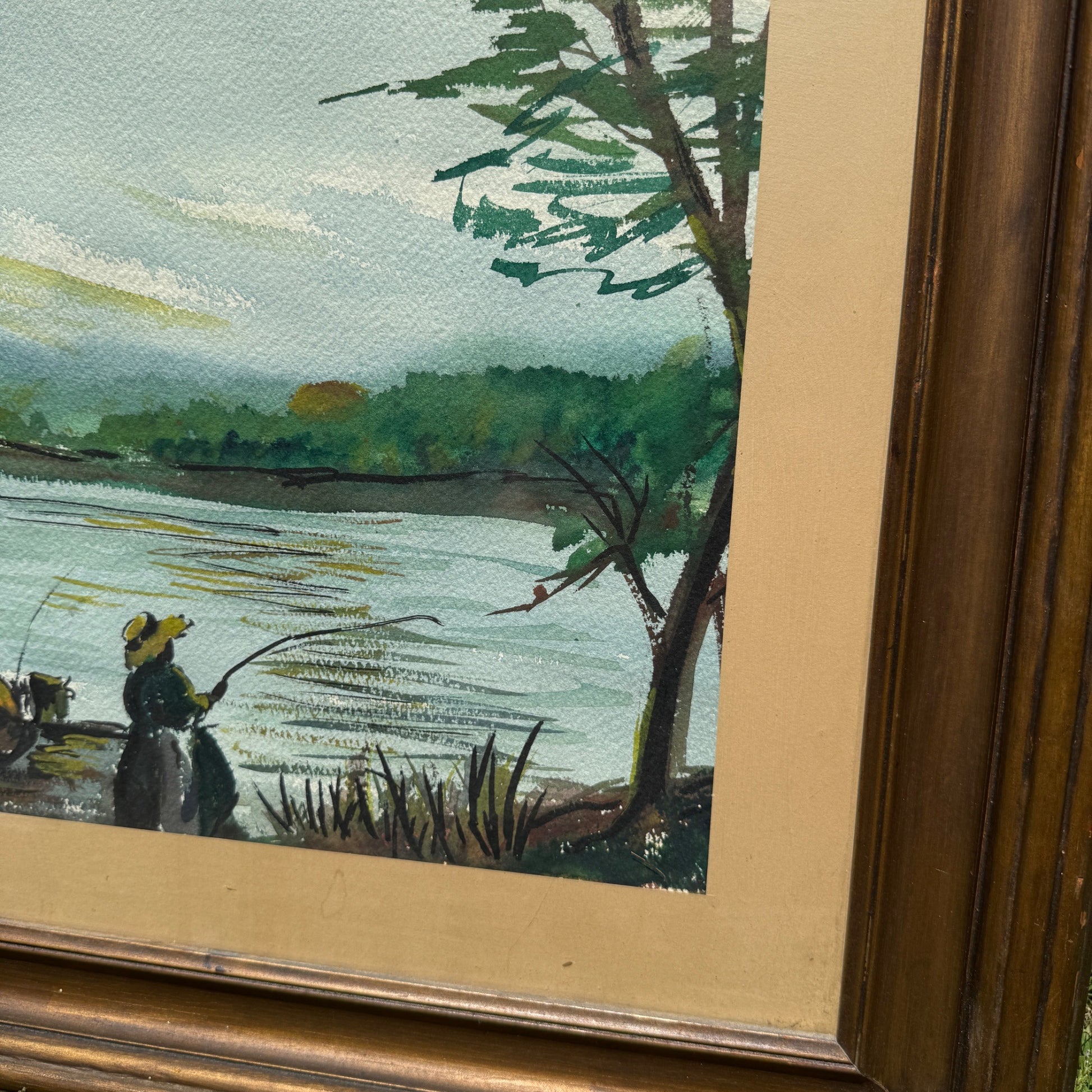 Vintage Mid-Century Framed Watercolor Art Fishing on Pier Lake Cabin Scene